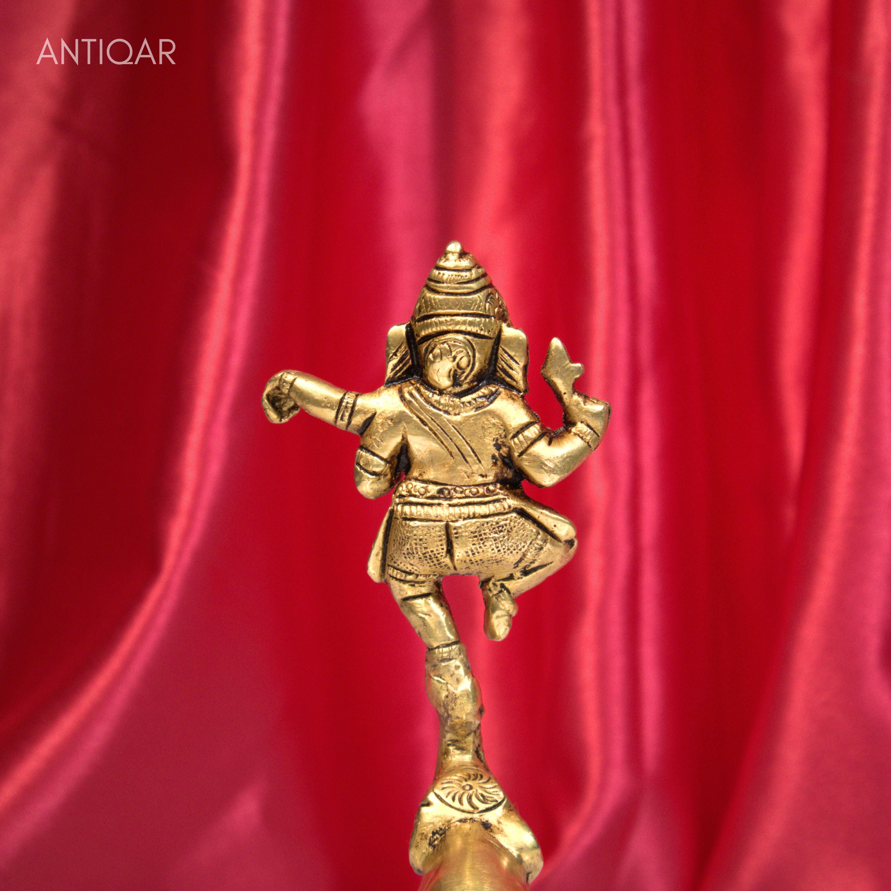 Brass Dancing Ganesha on Elephant Trunk up with Diya - 17cm | Antique Golden Finish | Handcrafted  for Pooja Temple,Home Festval Decor
