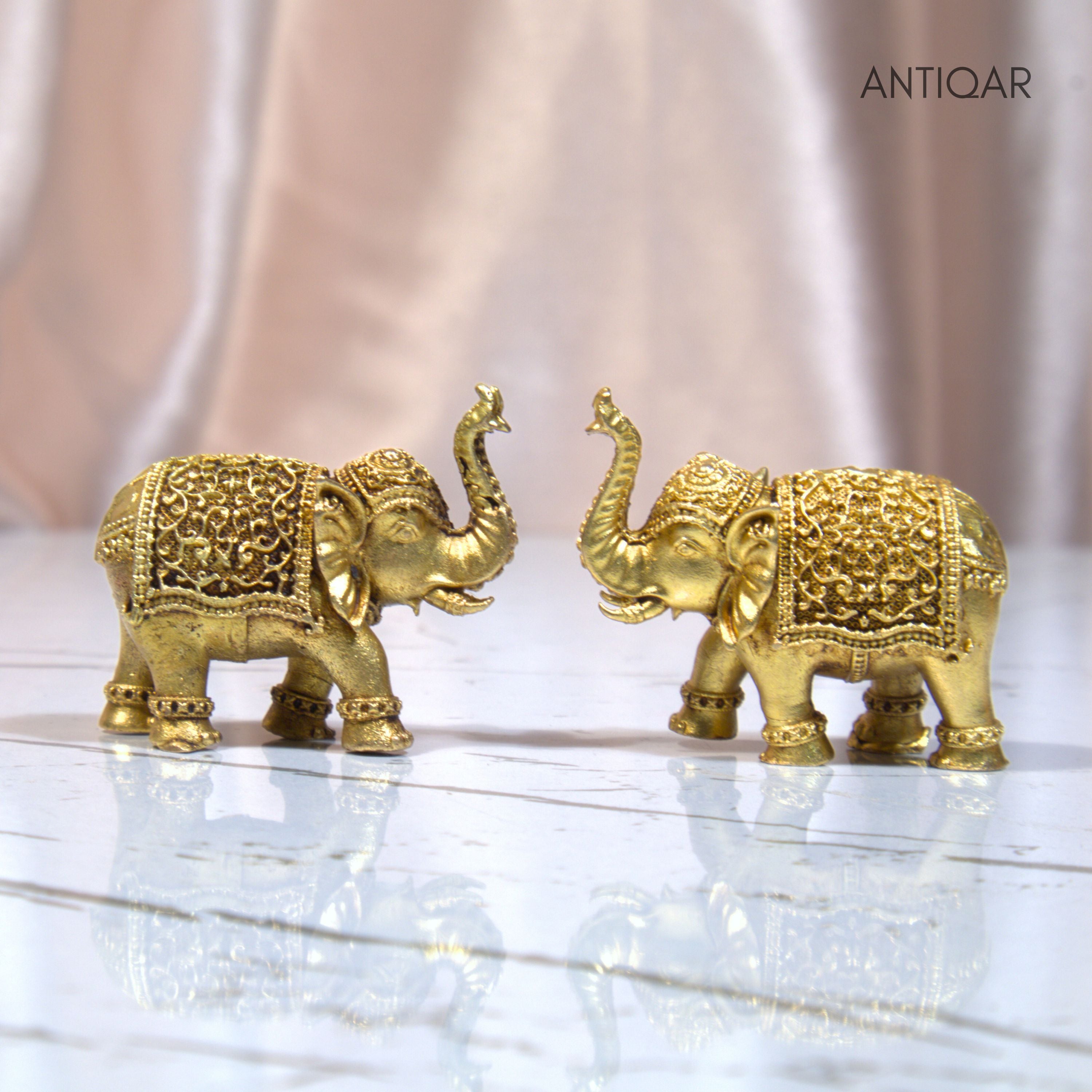 Brass Elephant Pair Showpiece in Vintage Design - 3.5cm | Antique Golden Finish | Decorative Figurines for Temple, Home & Office (Pack of 2)