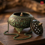 Antique Brass Incense Burner with Chain - 11cm  | Green Patina Finish | Decorative Vessel use for Meditation , Rituals & Aromatherapy