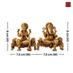 Brass Singhasan Ganesh Laxmi Pair Idol - 8cm | Antique Golden Finish | Spiritual Idol for Temple & Home Decor