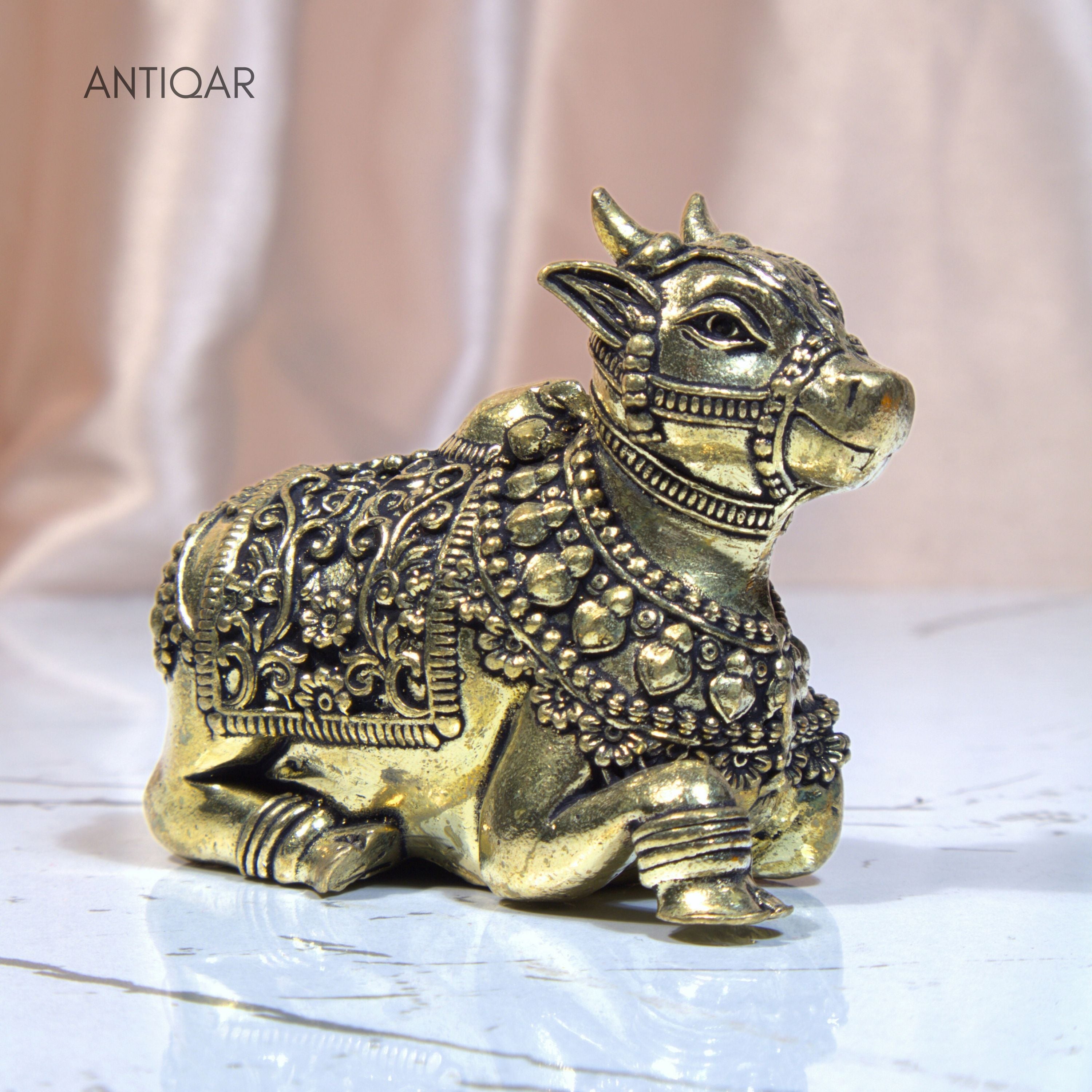 Brass Nandi Figurine - 4.5cm | Antique Finish | Spritual use for Home, Temple & Car Dashboard Decor