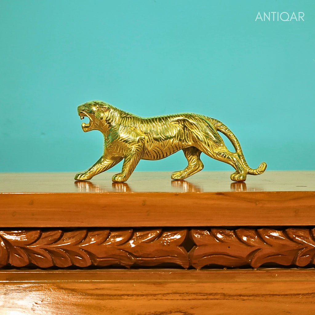 Brass Tiger Showpiece – 10cm | Antique Polished | Roaring Face in Walking Motion | Handcrafted for Home & Office Decor