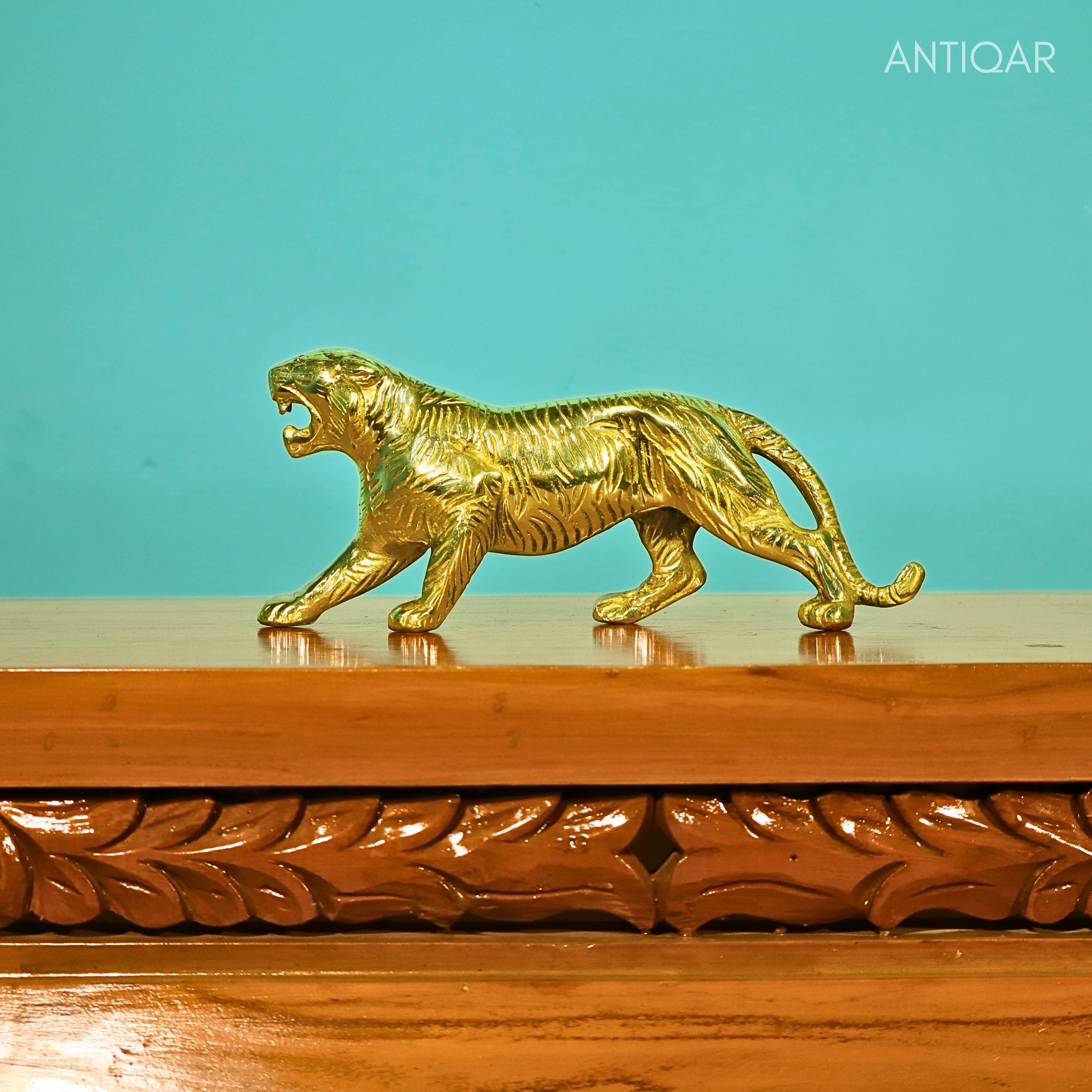 Brass Tiger Showpiece – 10cm | Antique Polished | Roaring Face in Walking Motion | Handcrafted for Home & Office Decor
