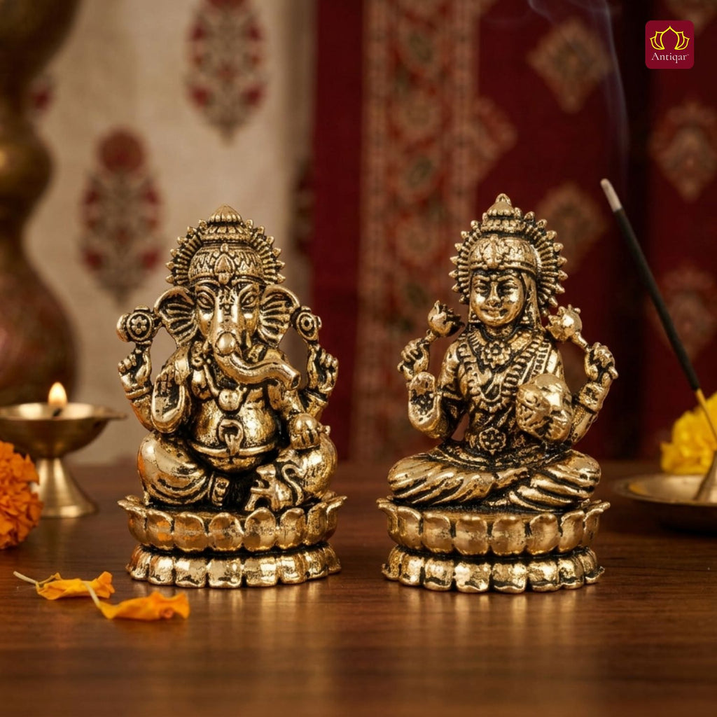 Brass Ganesh Laxmi Pair Idol - 4.5 cm | Golden Finish | Spiritual Idol for Temple & Home Decor