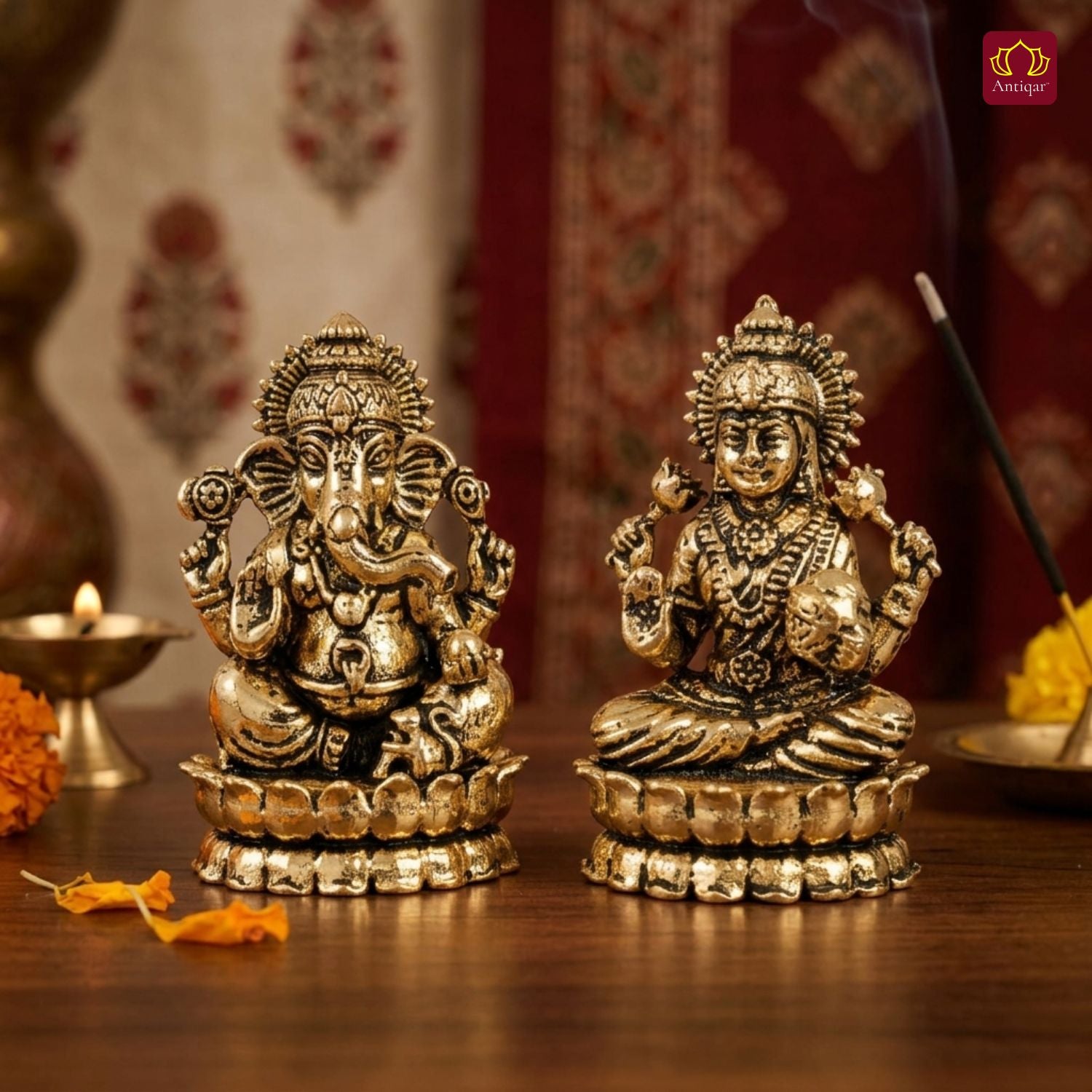 Brass Ganesh Laxmi Pair Idol - 4.5 cm | Golden Finish | Spiritual Idol for Temple & Home Decor