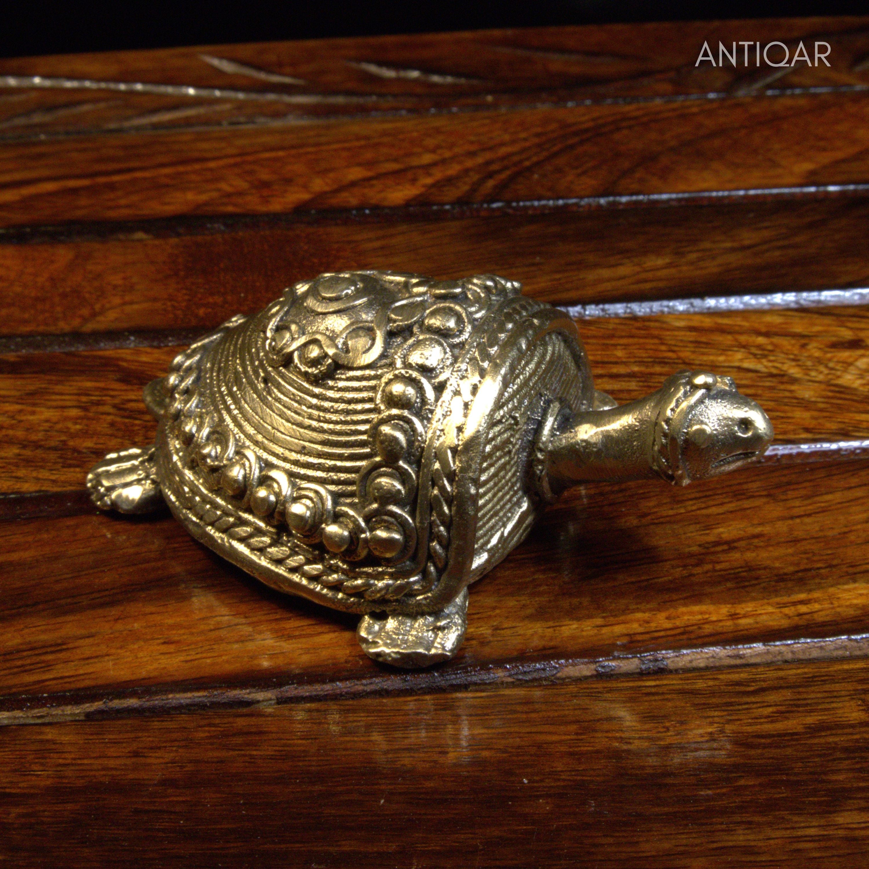 Dhokra Art Brass Turtle – 3 cm | Golden Antique Finish | Tribal Handcrafted Showpiece for Temple, Home & Table Decor