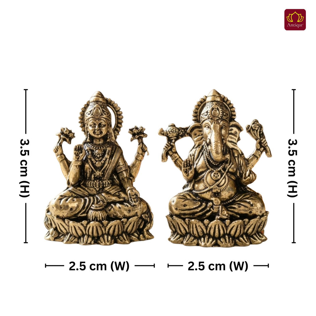 Brass Ganesh Laxmi pair Idol - 5cm| Sitting on Lotus | Antique Finish | Spiritual Decor for Temple, Home & Car Dashboard