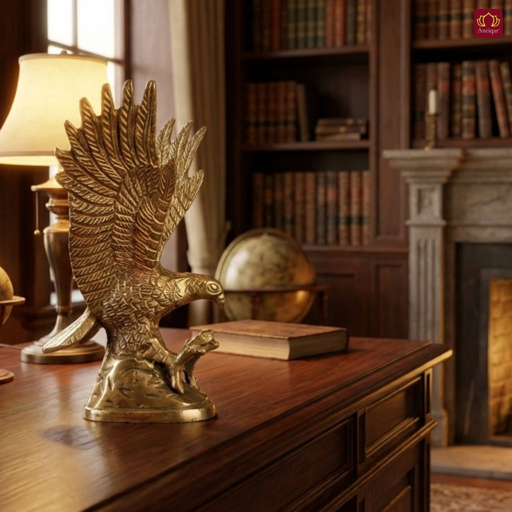 Brass Eagle Showpiece – 16 cm | Upward Wings Sitting on Rock with Carving | Superfine Finish | Handcrafted Decor for Home, Table & Vastu Use