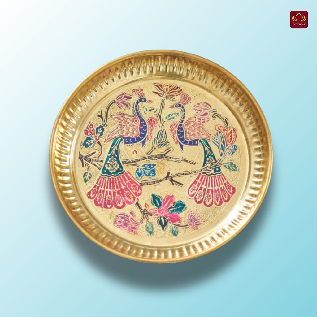 Brass Meenakari Etched Plate – 18 cm | Embossed Peacock & Floral Design | Ideal for Serving Sweets, Fruits & Bhog Offerings