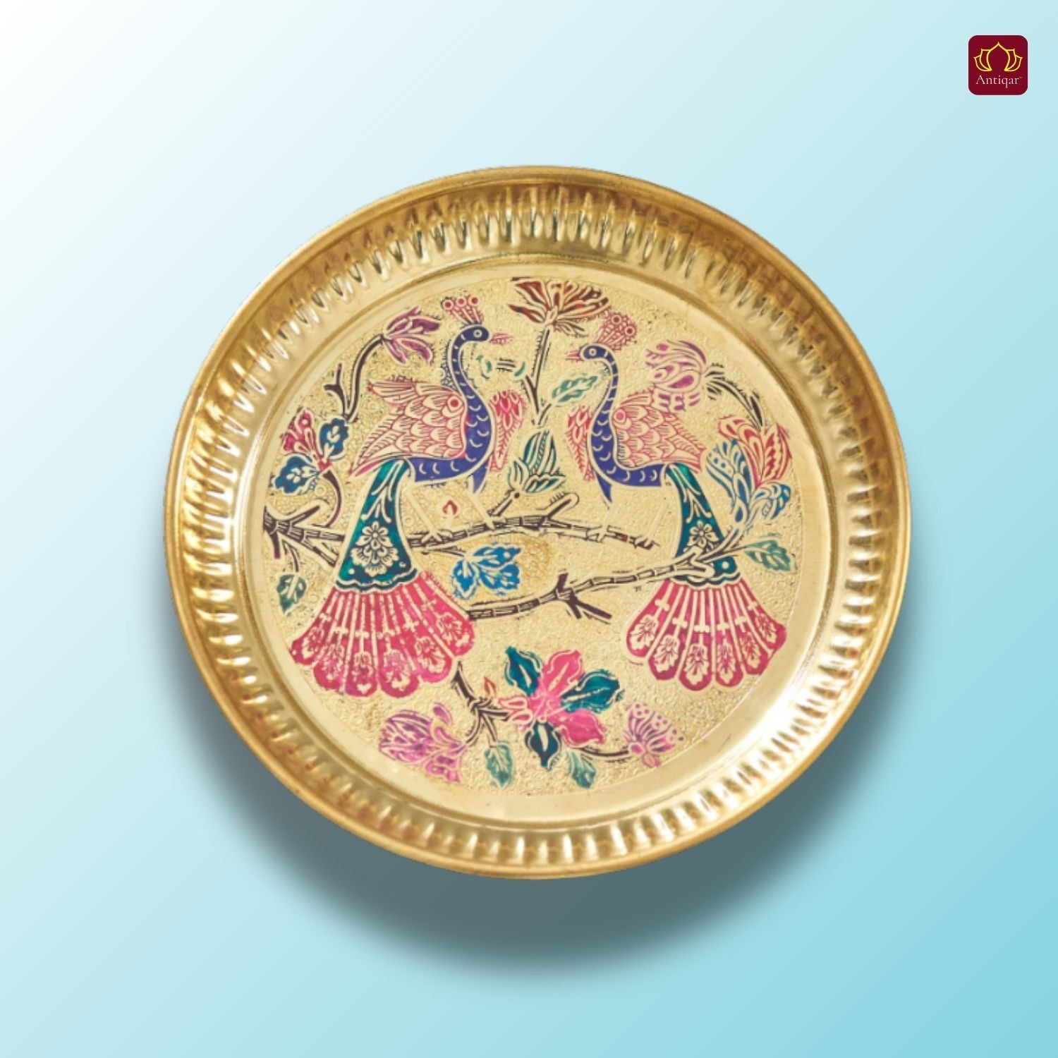 Brass Meenakari Etched Plate – 18 cm | Embossed Peacock & Floral Design | Ideal for Serving Sweets, Fruits & Bhog Offerings