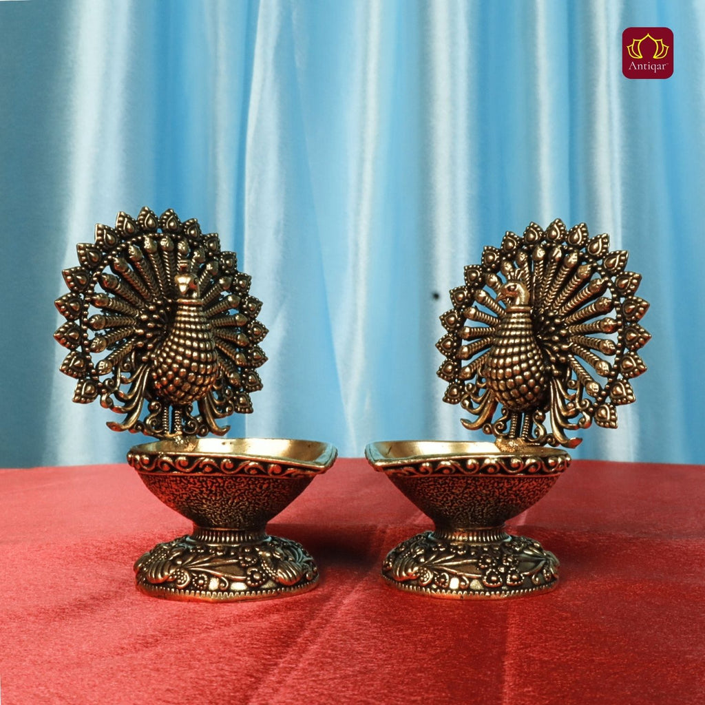 Brass Dancing Peacock on Diya - 7.5cm | Antique Finish | Spritual use for Pooja, Temple & Festival Decor (Pack of 2)
