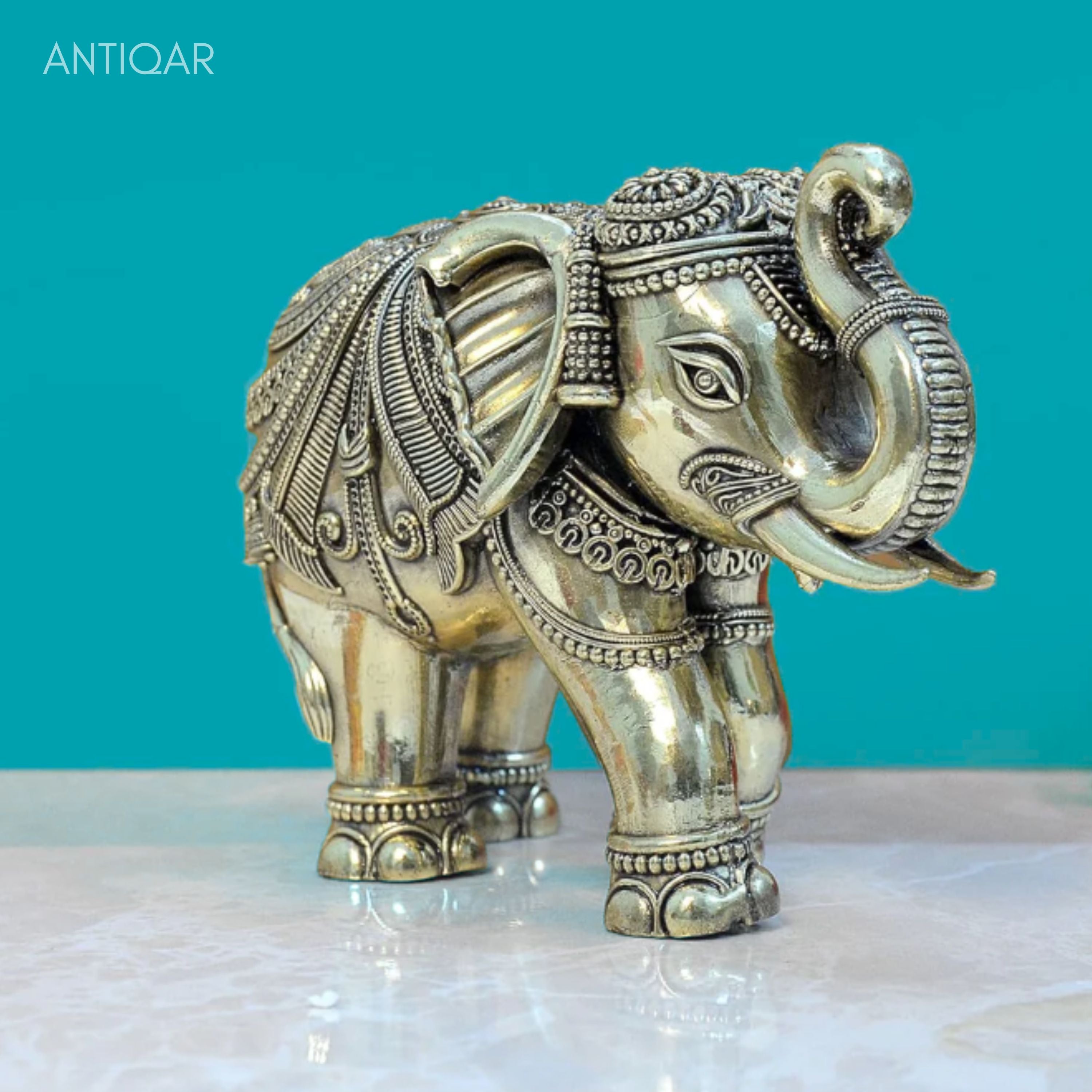 Brass Elephant Showpiece in Floral Design - 4cm | Antique Golden Finish | Decorative Figurines for Temple, Home & Office