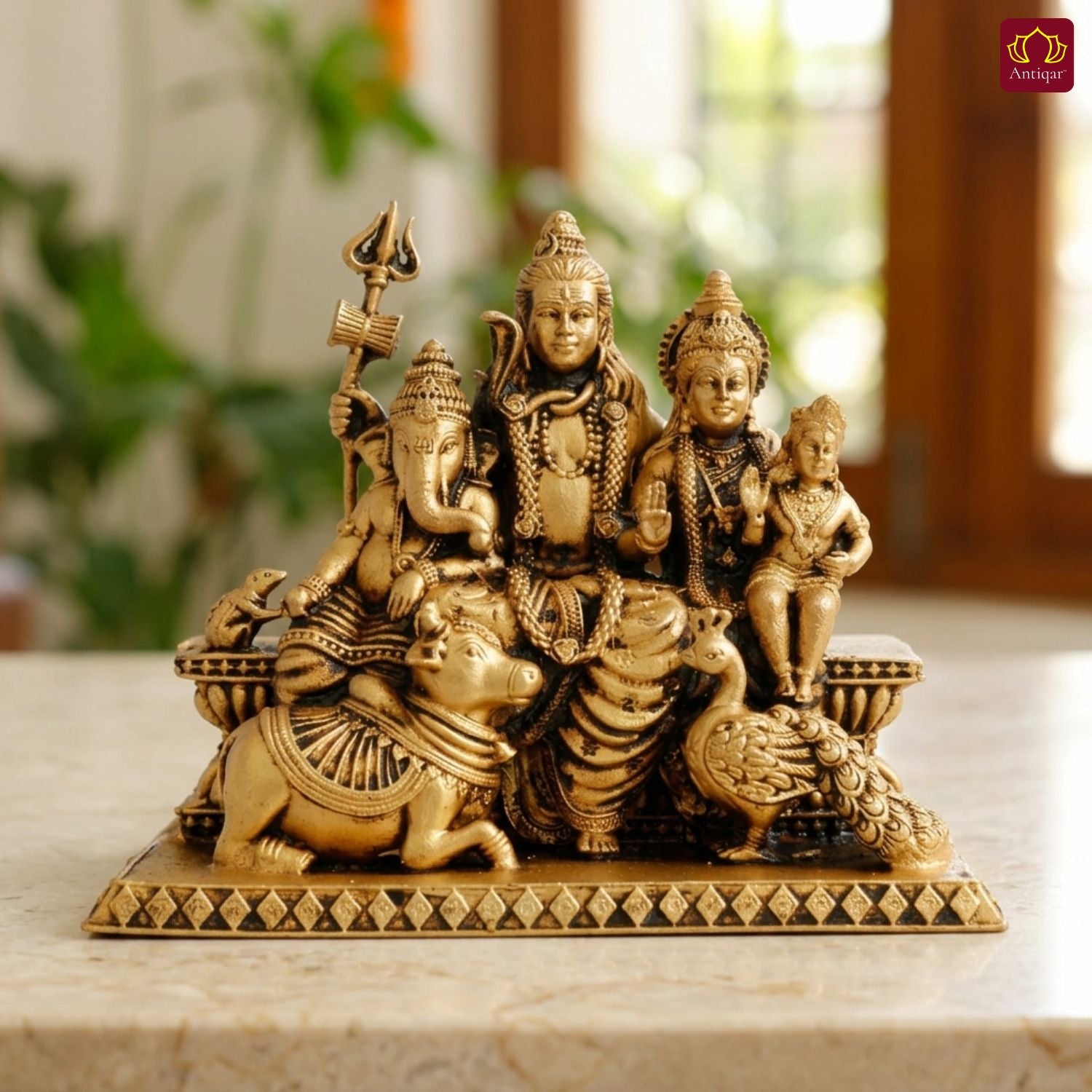 Brass Shiv Parivar Idol - 8cm | Antique Golden Finish | Spiritual Idol for Temple & Home Decor