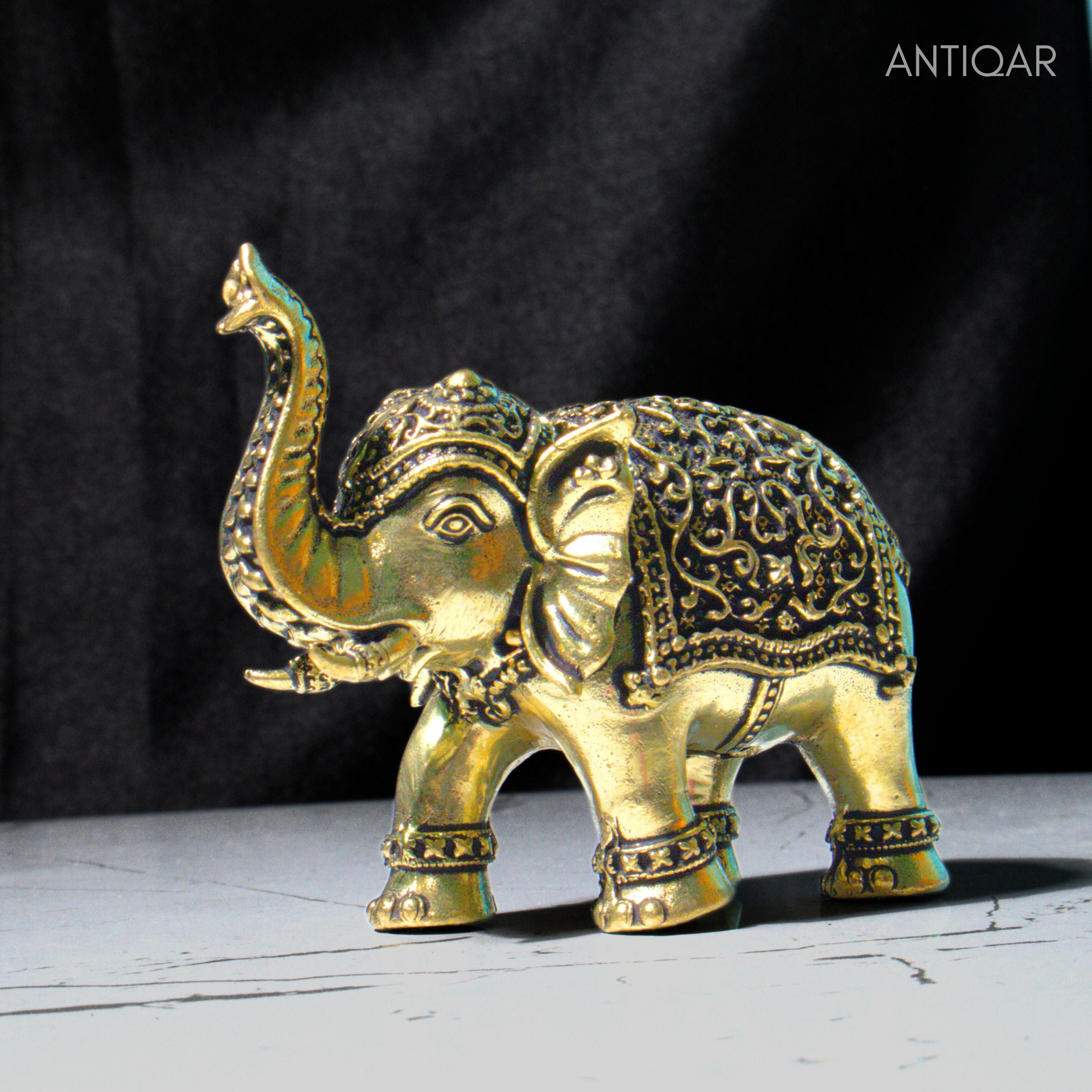 Brass Elephant Showpiece in Vintage Design - 5cm | Antique Golden Finish | Decorative Figurines for Temple, Home & Office