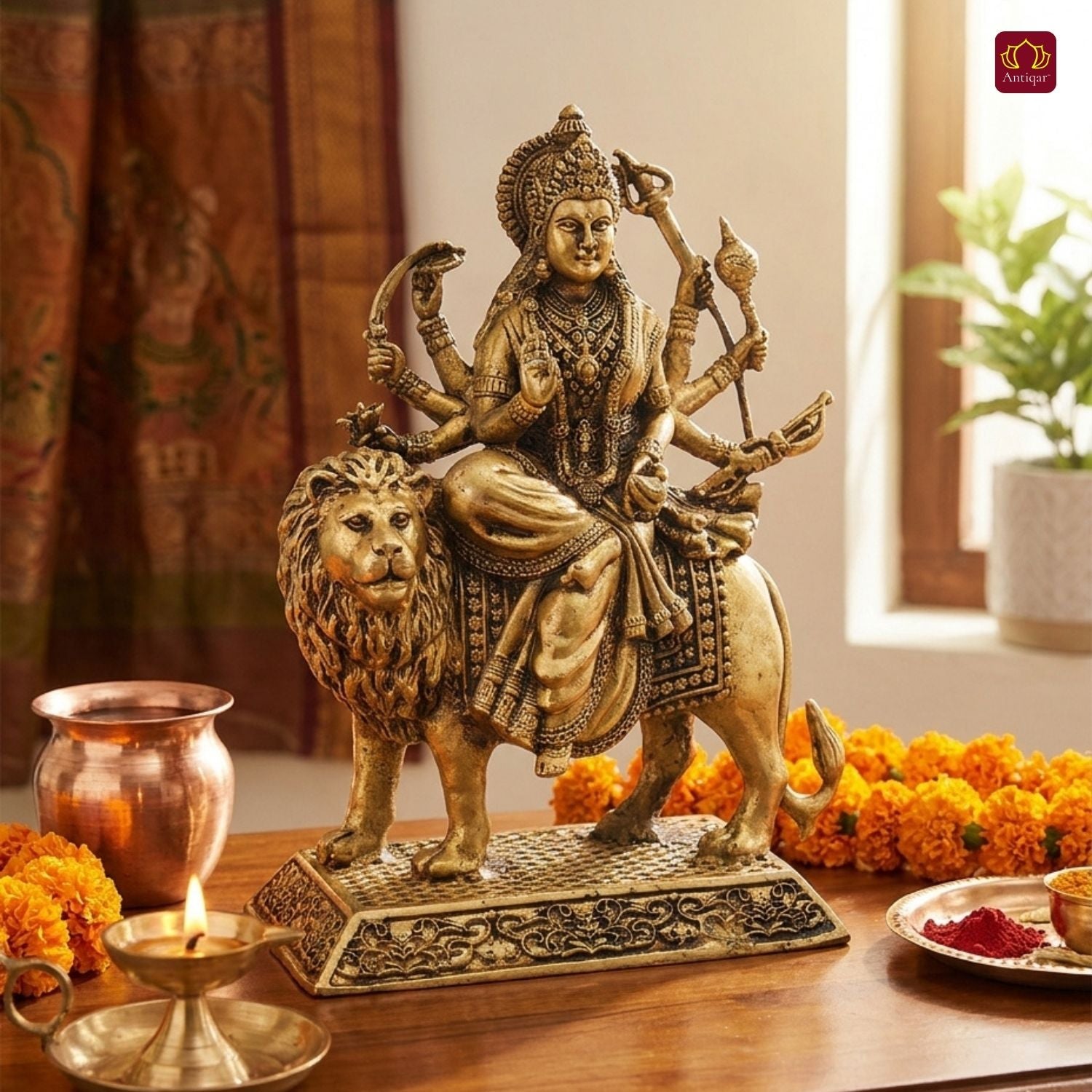 Brass Sherawali Maa Idol - 10.5cm | Antique Golden Finish | Spiritual Idol for Temple & Home Decor