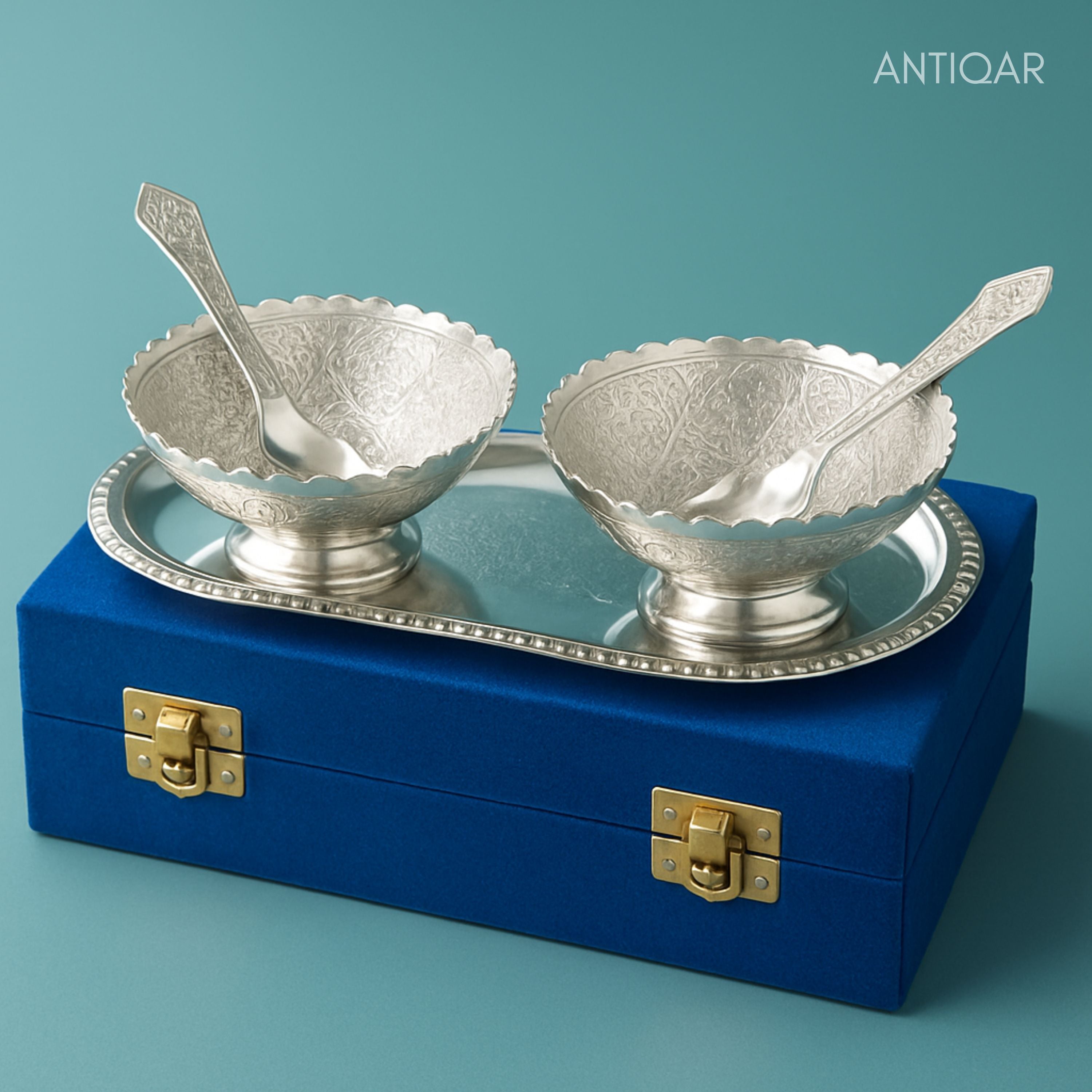 Royal Dry Fruit & Paan Dan Serving Set | Silver Plated | Blue Velvet Box | Set of 5 | Handcrafted Artistry | Festive & Decorative Showpiece