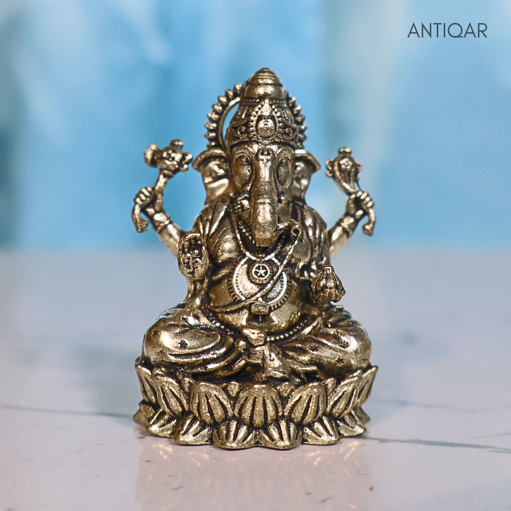 Brass Ganesh Idol - 4.5cm | Antique Finish | Spritual use for Home, Temple & Car Dashboard Decor