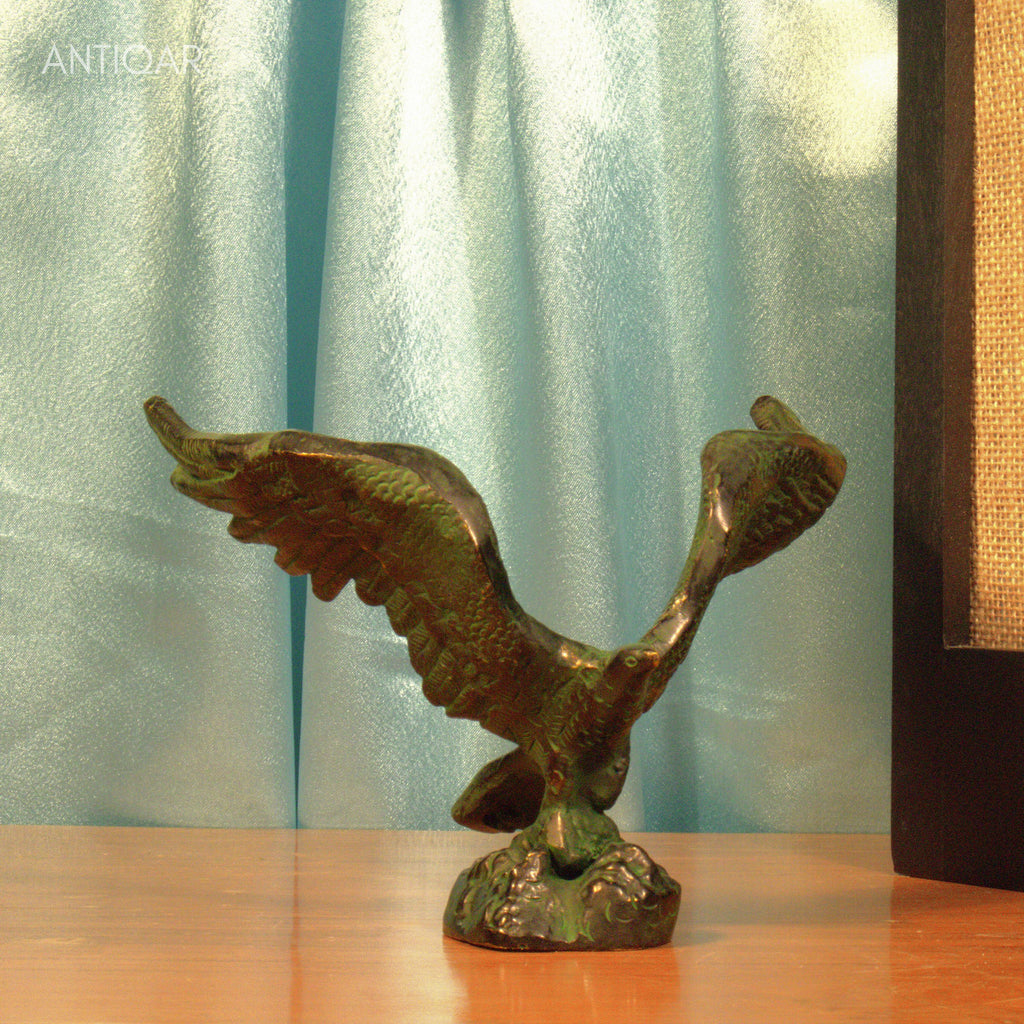 Brass Eagle with Spread Wing - 12cm | Black Green Patina Finish | Handcrafted Showpiece for Home Table Decor