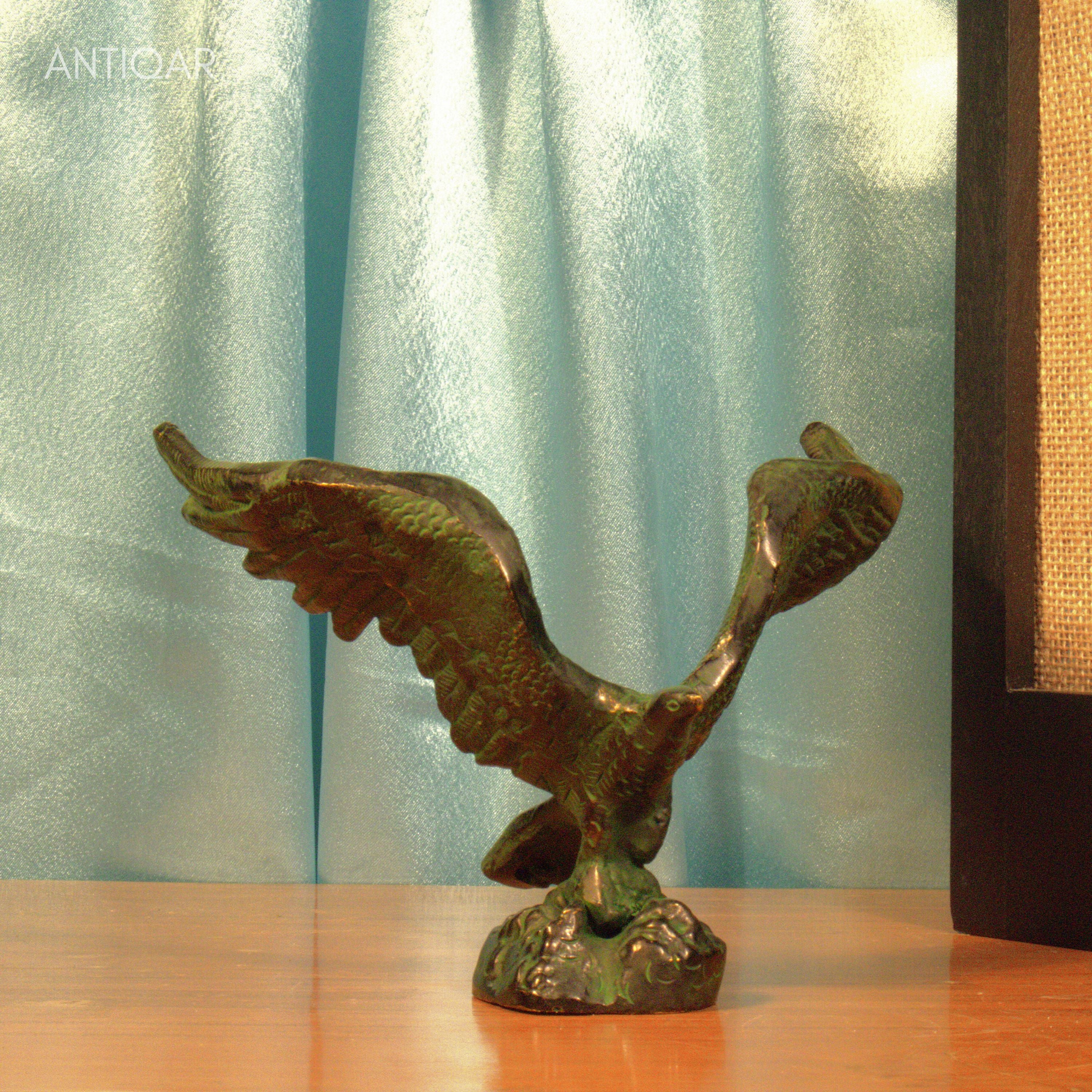 Brass Eagle with Spread Wing - 12cm | Black Green Patina Finish | Handcrafted Showpiece for Home Table Decor