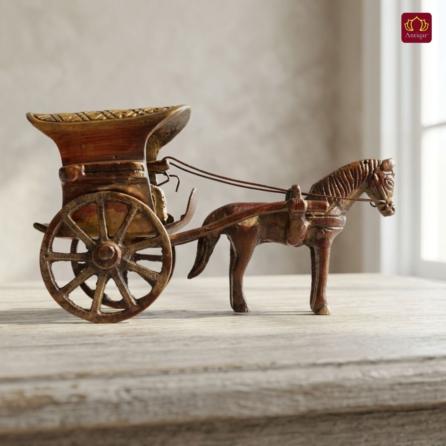 Brass Horse Cart Showpiece – 7.5 cm | Single Horse with Carved Roof | Antique Brown Colored Finish | Handcrafted Decor for Festival, Temple & Home