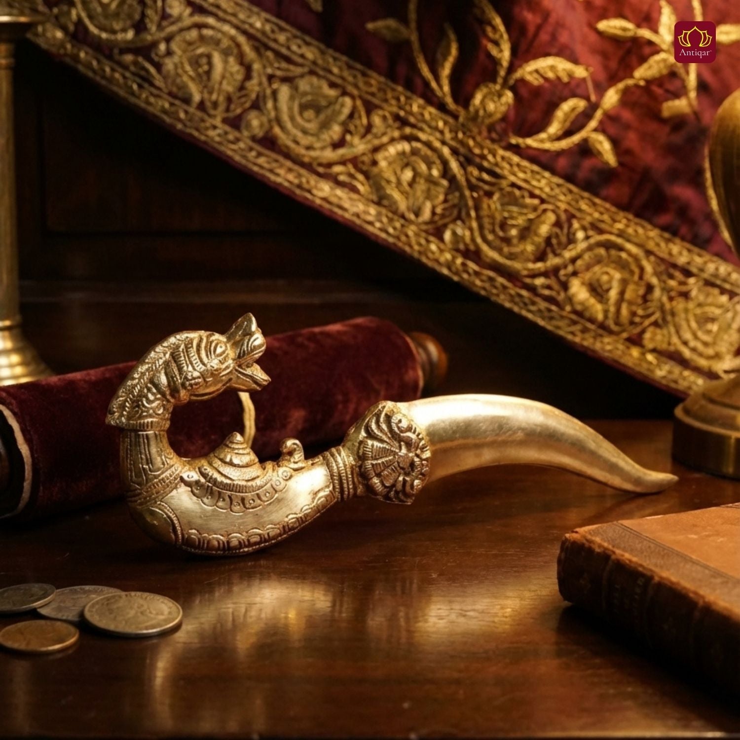 Brass Designer Katar Dagger – 26 cm | Dragon Handle with Intricate Carving | Antique Golden Finish | Handcrafted Decor for Festivals, Temple & occasional