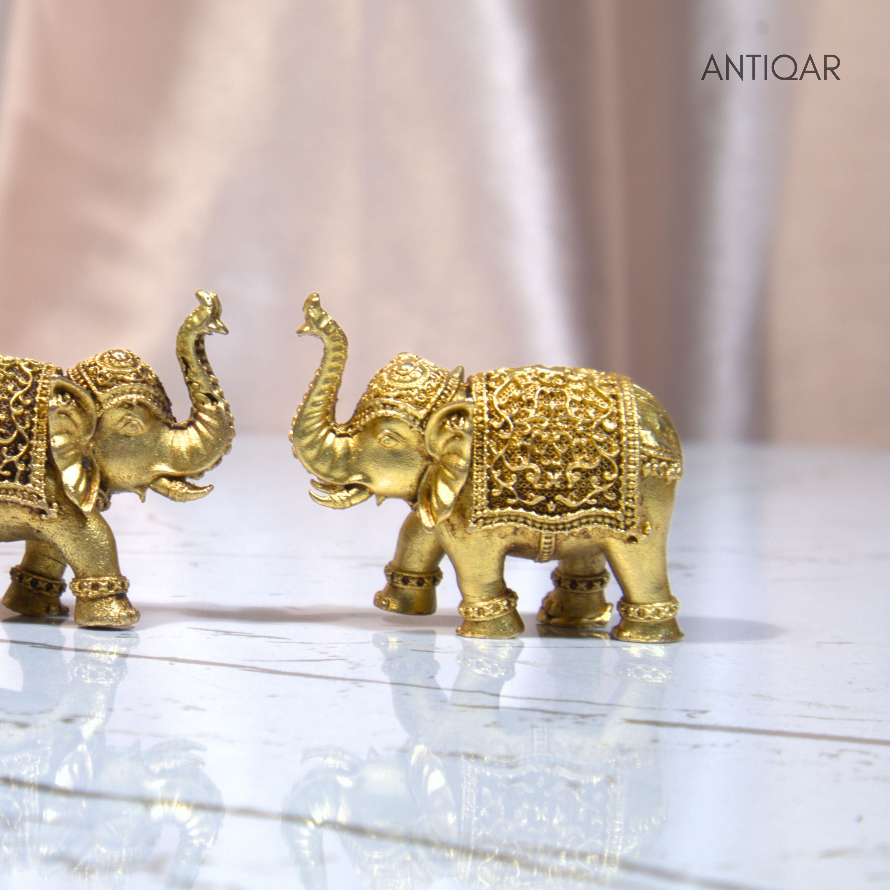 Brass Elephant Pair Showpiece in Vintage Design - 3.5cm | Antique Golden Finish | Decorative Figurines for Temple, Home & Office (Pack of 2)