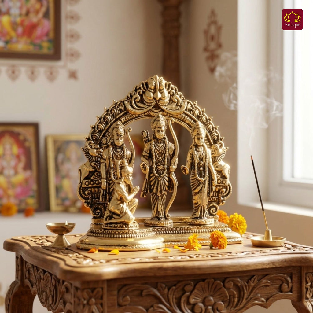 Brass Ram Darbar - 7cm | Antique Golden Finish | Spiritual Idol for Temple & Home Decor