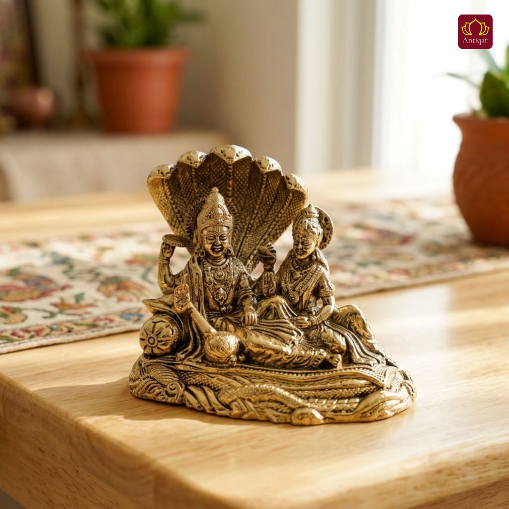 Brass Lakshmi Narayan Idol - 7cm  | Golden Finish | Spiritual Idol for Temple, Home & Car Dashboard Decor