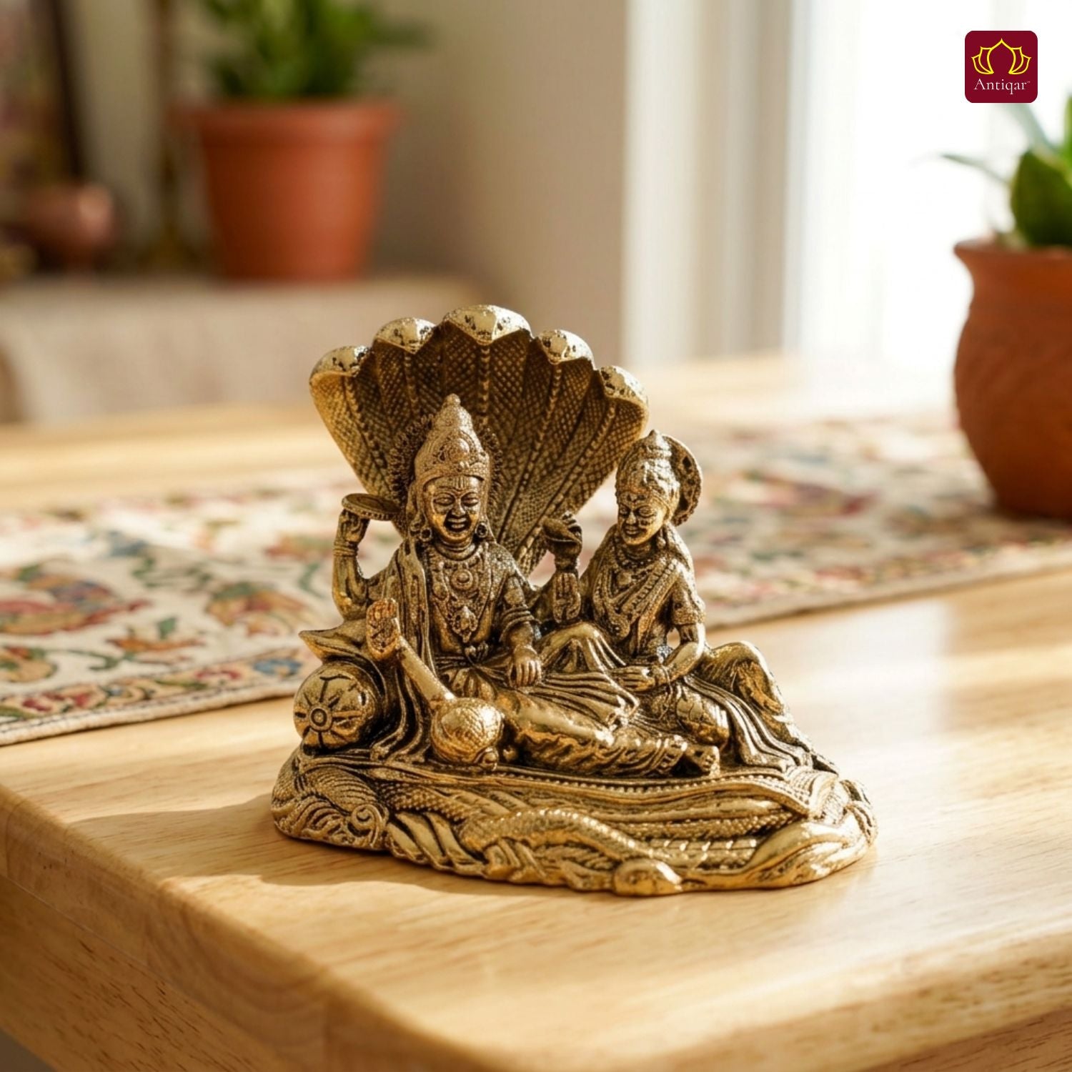 Brass Lakshmi Narayan Idol - 7cm  | Golden Finish | Spiritual Idol for Temple, Home & Car Dashboard Decor