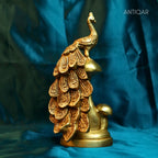 Brass Peacock Showpiece – 21 cm | Sitting on Mushroom | Antique Golden Finish | Handcrafted Decor for Temple, Table & Home