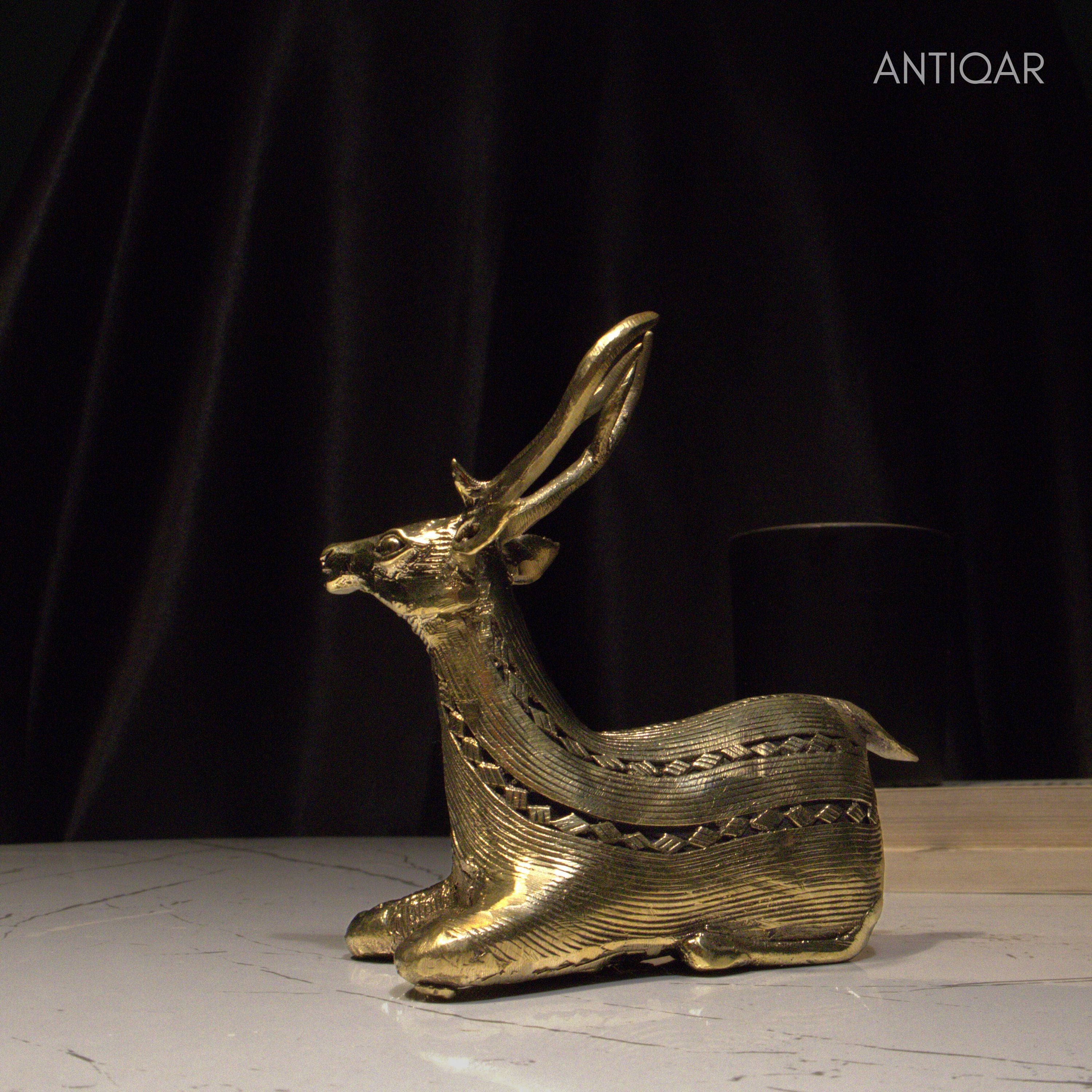 Dhokra Art Brass Deer – 17.5 cm | Sitting Pose in Antique Finish | Tribal Handcrafted Showpiece for Temple, Home & Table Decor