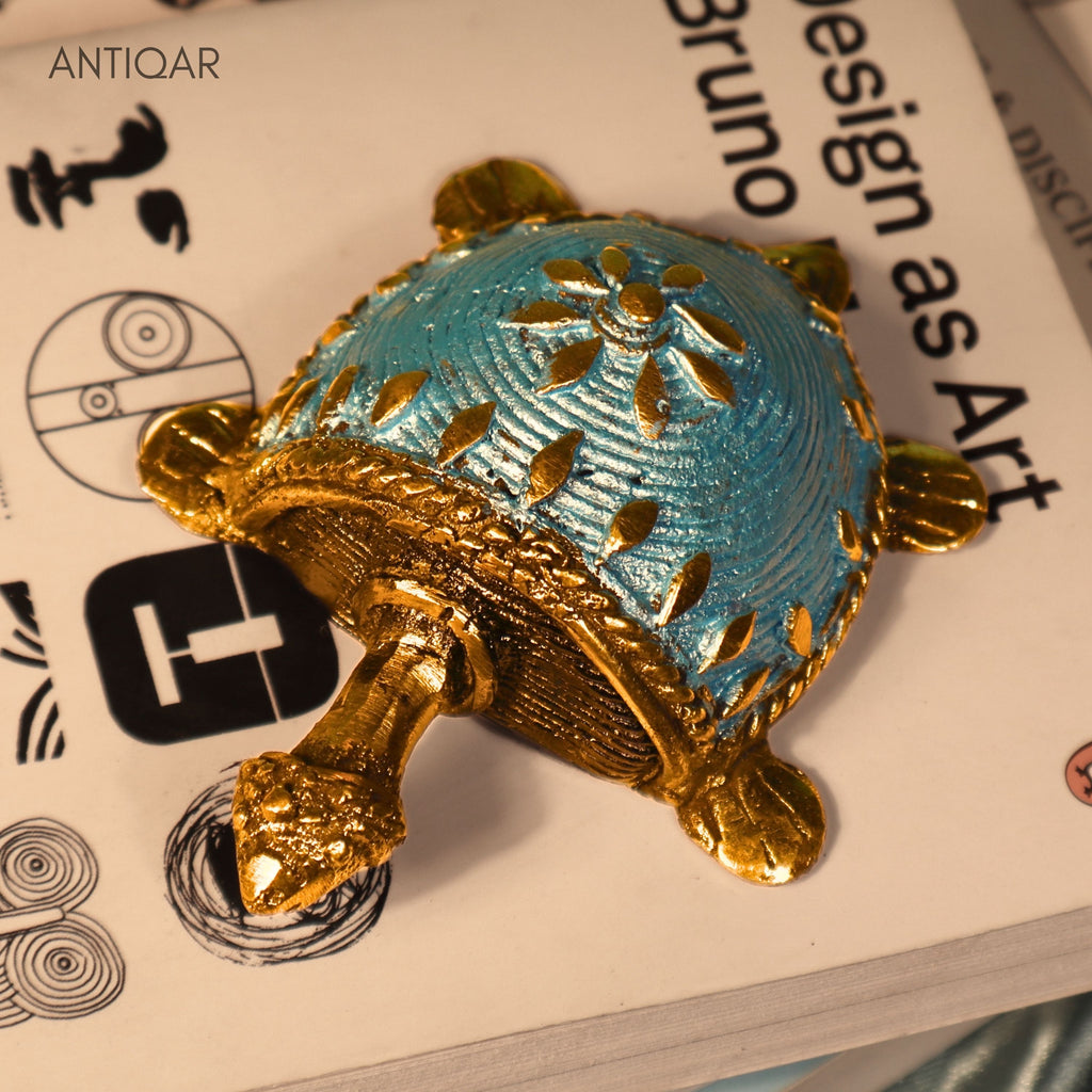 Dhokra Art Brass Turtle – 3 cm | Sky Blue Antique Finish | Tribal Handcrafted Showpiece for Temple, Home & Table Decor