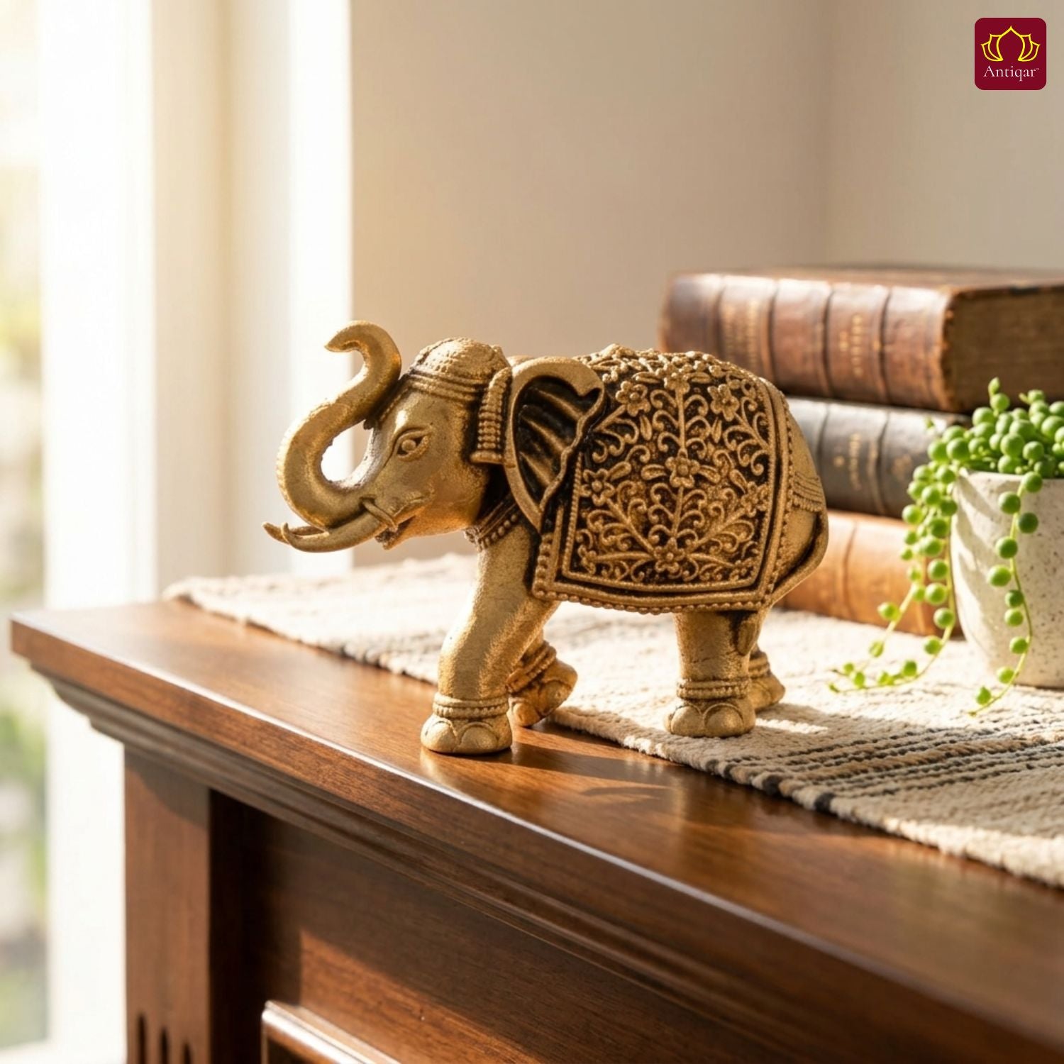 Brass Elephant Showpiece in Vintage Design - 4cm | Antique Golden Finish | Decorative Figurines for Temple, Home & Office