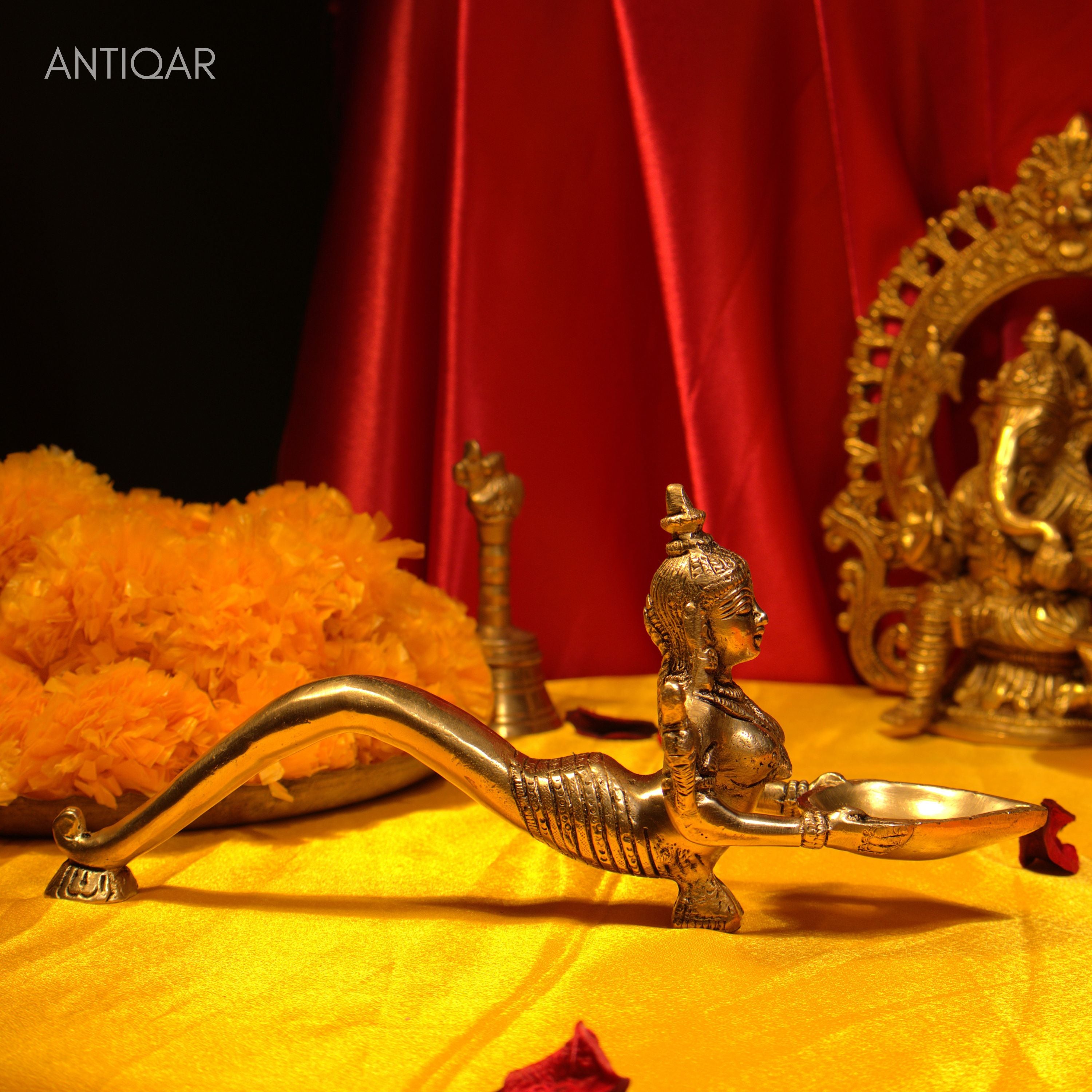 Brass Mermaid (Jalpari) Design Aarti Diya with Handle - 11cm | Antique Finish | Handcrafted item for Temple, Festive & Spritual Use
