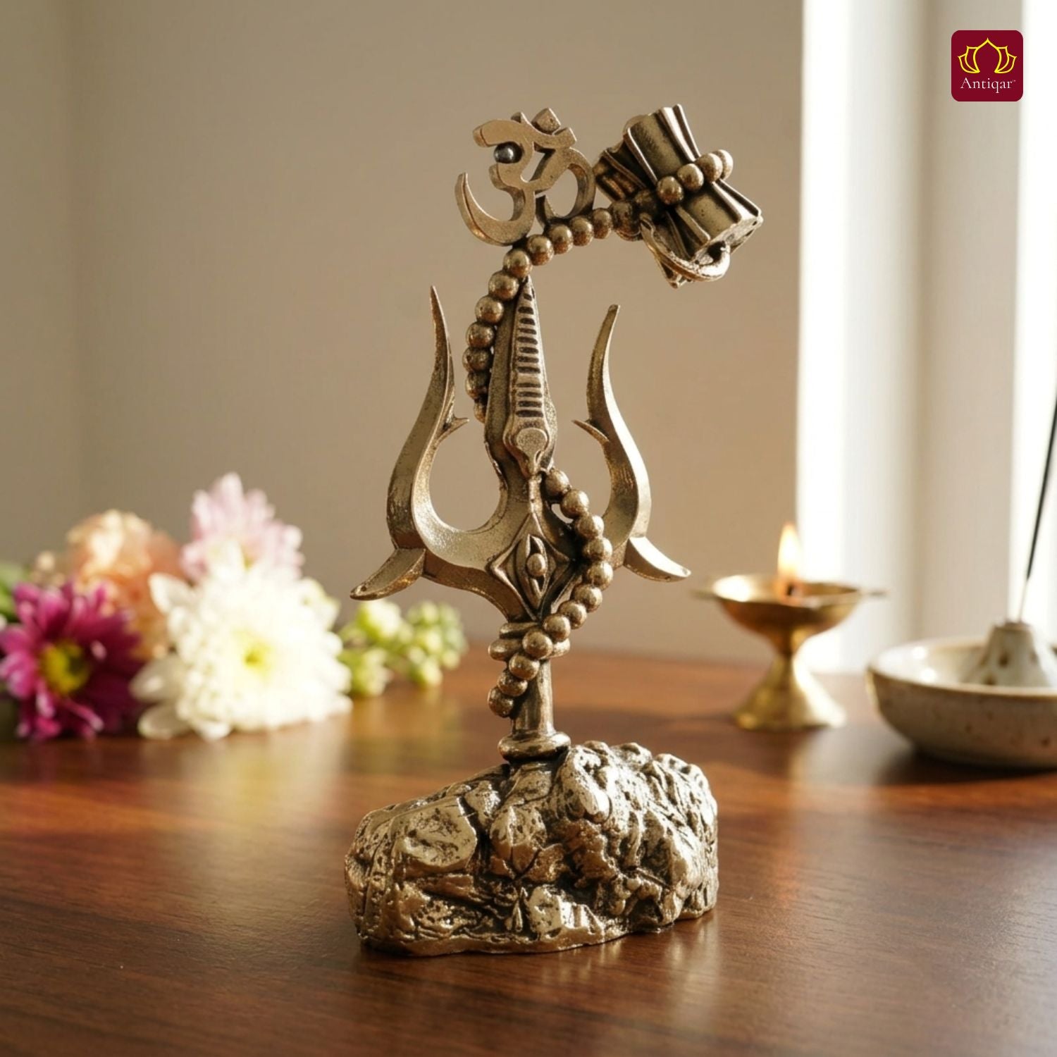 Brass Trisul with Om & Damru - 10.5cm | Antique  Golden Finish | Handcrafted for Pooja Temple & Festival Decor