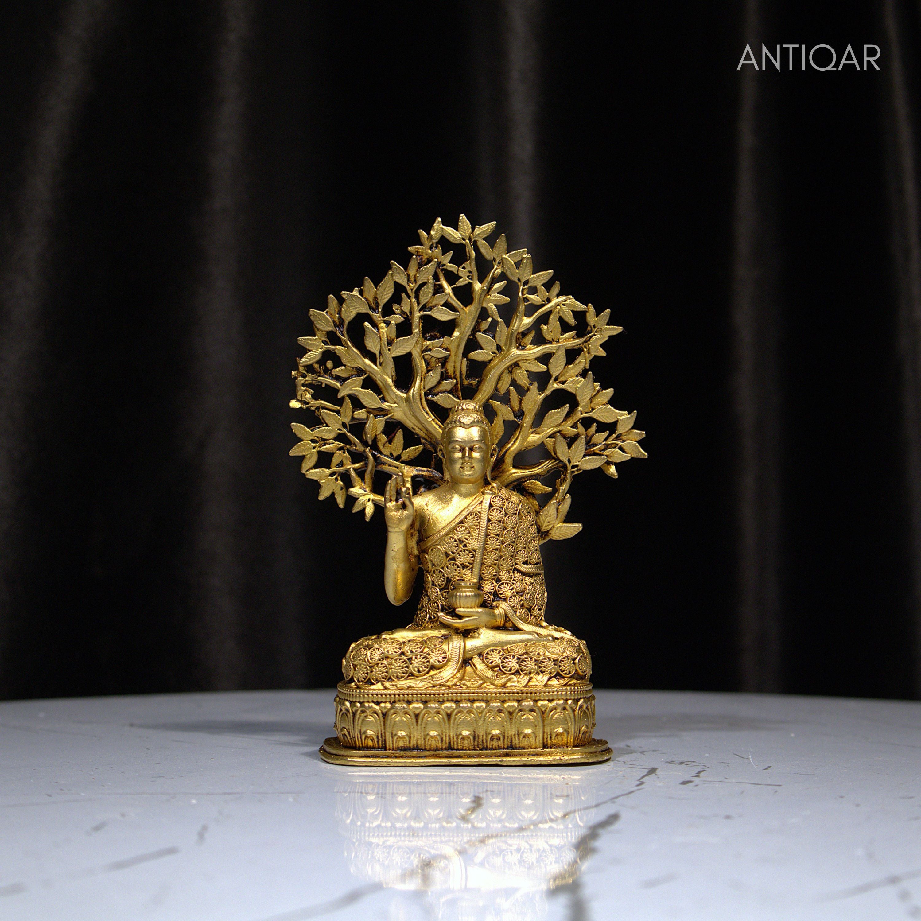 Brass Vintage Buddha Tree Statue – 13cm | Antique Golden Finish | Spiritual Statue for Temple, Home & Car Dashboard Decor