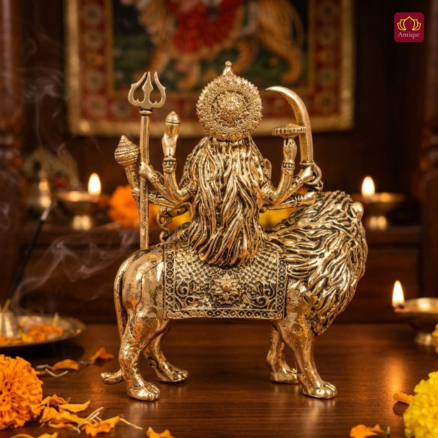 Brass Sherawali Maa Idol - 8cm | Sitting on Lion | Golden Finish | Spiritual Idol for Temple & Home Decor