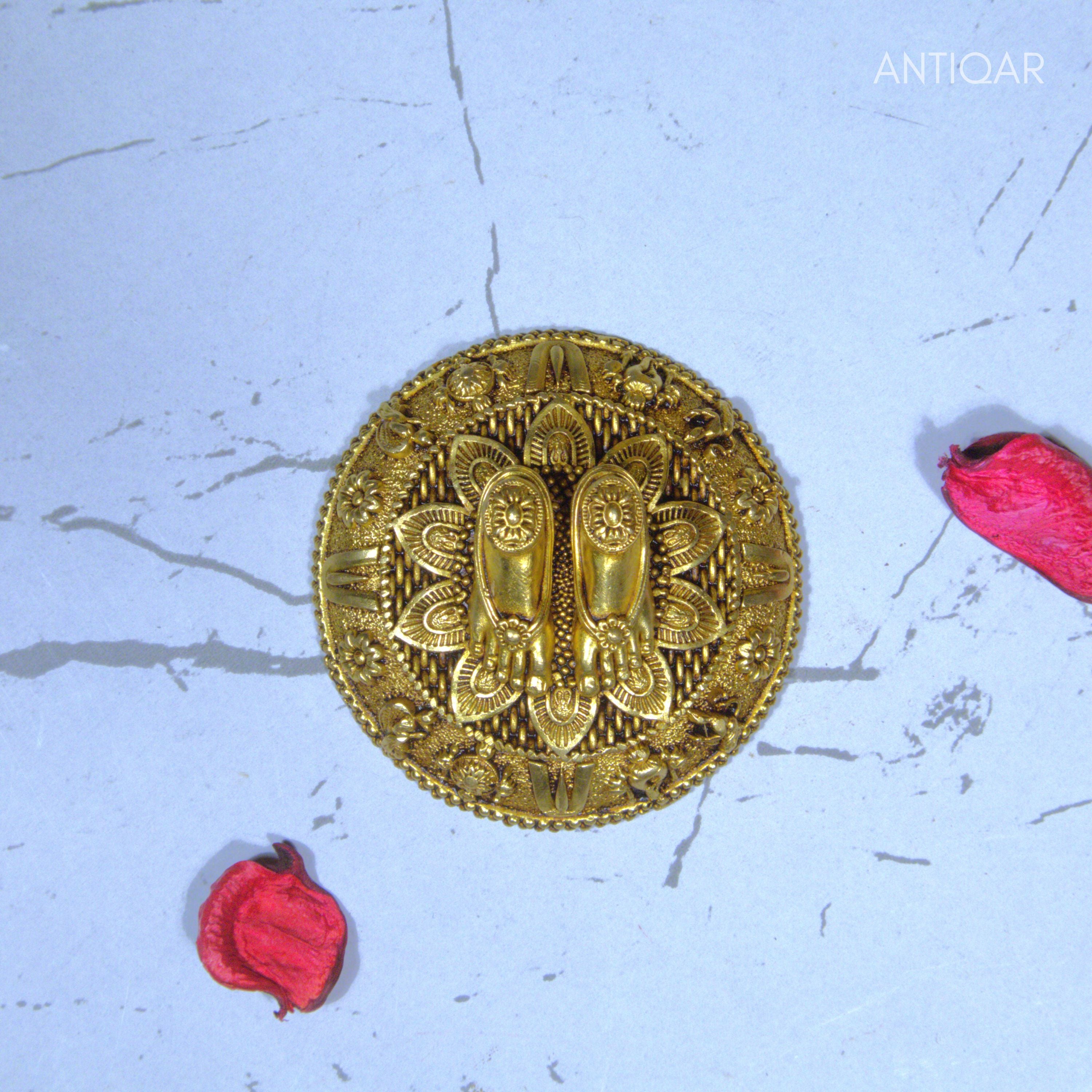 Brass Charan Paduka –2 cm | Yellow Antique Finish | Spiritual Symbol for Temple & Home Decor