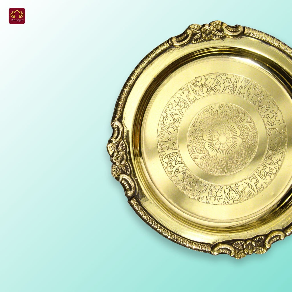 Brass Etching Design Plate - 1.5cm | Antique Golden Finish | Traditional use for Pooja in Temple, Festivals and Home