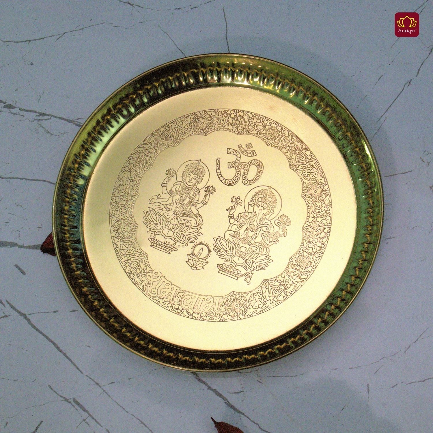 Brass Pooja Plate - 15.5cm diameter | Etched Design with Ganesh Laxmi, Diya & Shubh Labh | Ideal for Temple & Home Rituals