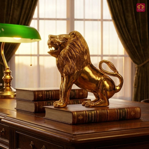 Antiqar Lion Pure Brass Figurine | Handicraft Artwork | Superfine Golden Finish | Home & Office Décor | Ideal for Gifting | Height 20cm