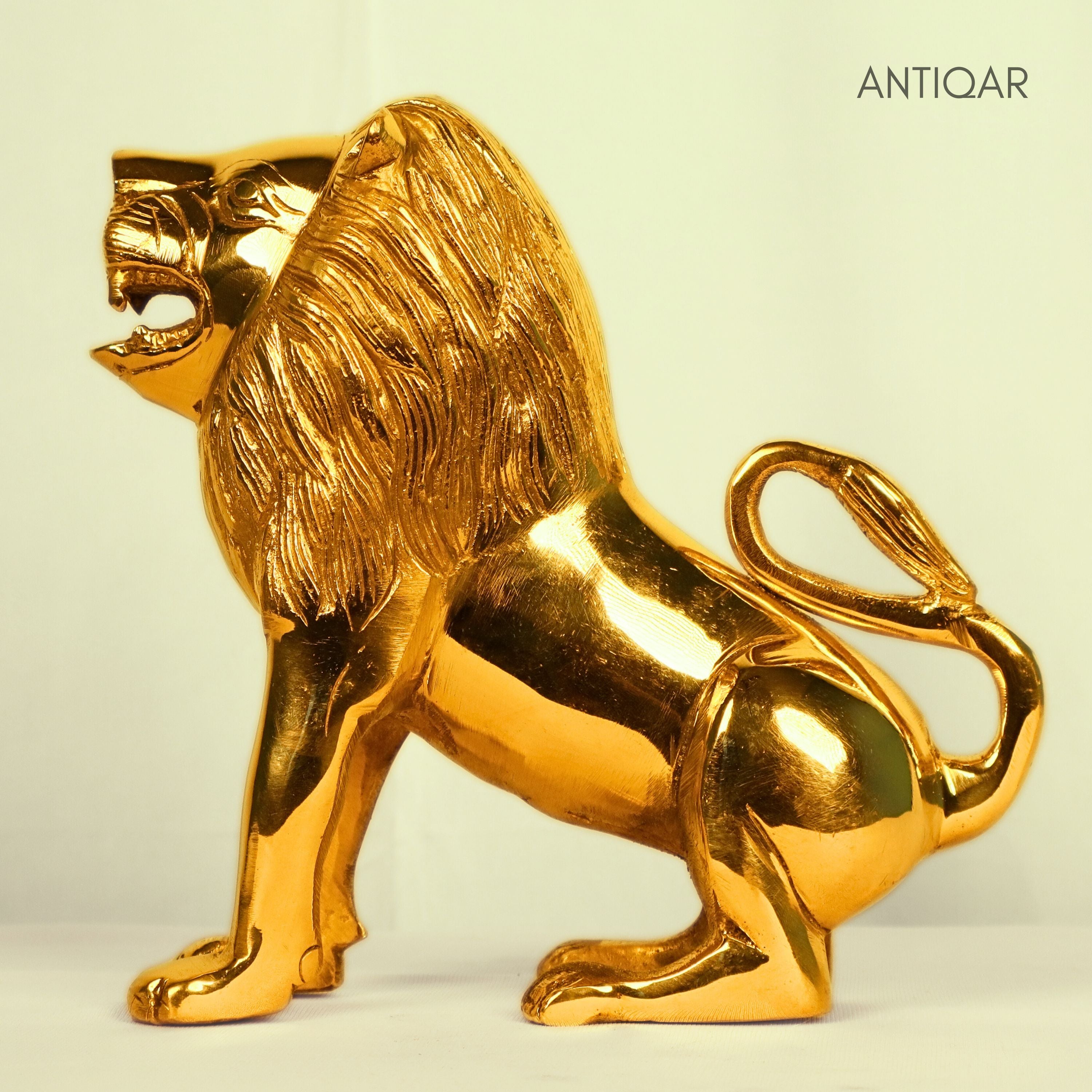 Antiqar Lion Pure Brass Figurine | Handicraft Artwork | Superfine Golden Finish | Home & Office Décor | Ideal for Gifting | Height 15cm