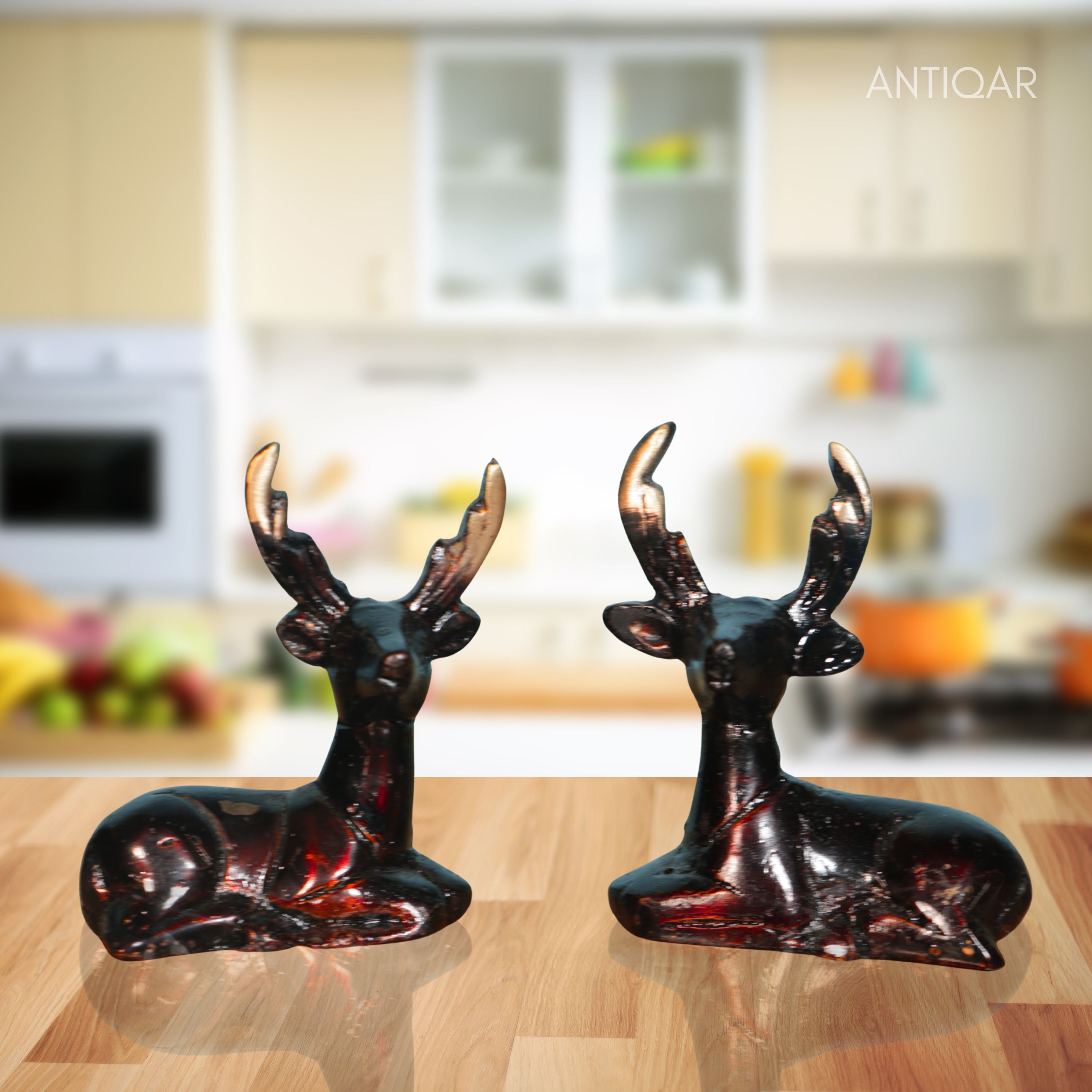 Brass Brown Deer Pair Showpiece – 6 cm | Handcrafted Decorative Figurines for Temple, Home & Car Dashboard