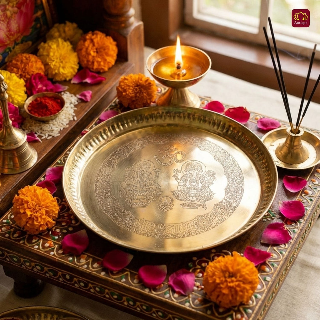 Brass Pooja Plate - 18cm diameter | Etched Design with Ganesh Laxmi, Diya & Shubh Labh | Ideal for Temple & Home Rituals