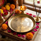 Brass Pooja Plate - 18cm diameter | Etched Design with Ganesh Laxmi, Diya & Shubh Labh | Ideal for Temple & Home Rituals