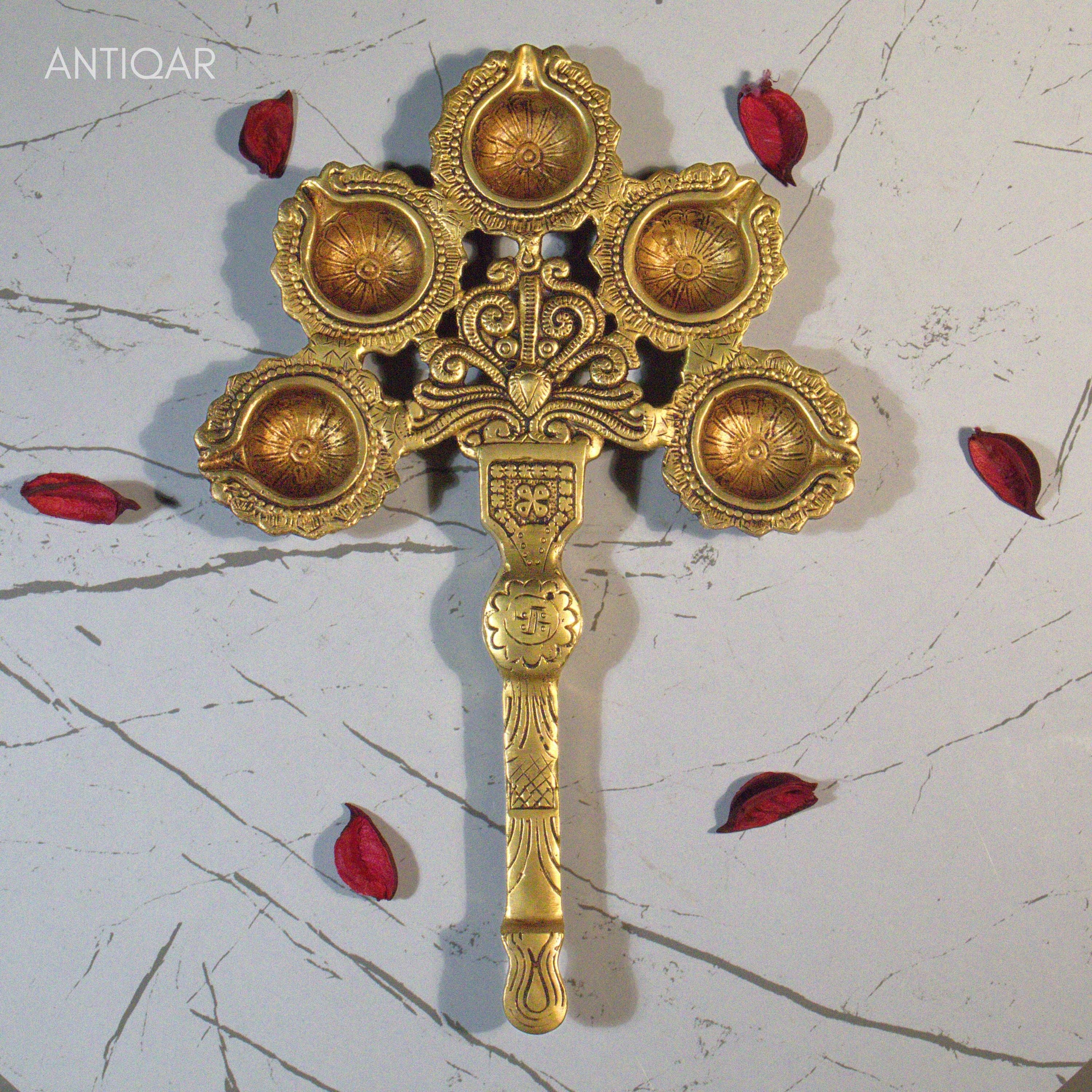 Brass Panch diya Aarti in Vintage Design Handle - 3cm | Antique Golden Finish | Handcrafted for Pooja Temple & Festival Decor