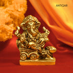 Brass Ganesh Ji on rat-Drawn Chariot – 9 cm | Antique Golden Finish | Handcrafted Idol for Temple, Home & Table Decor