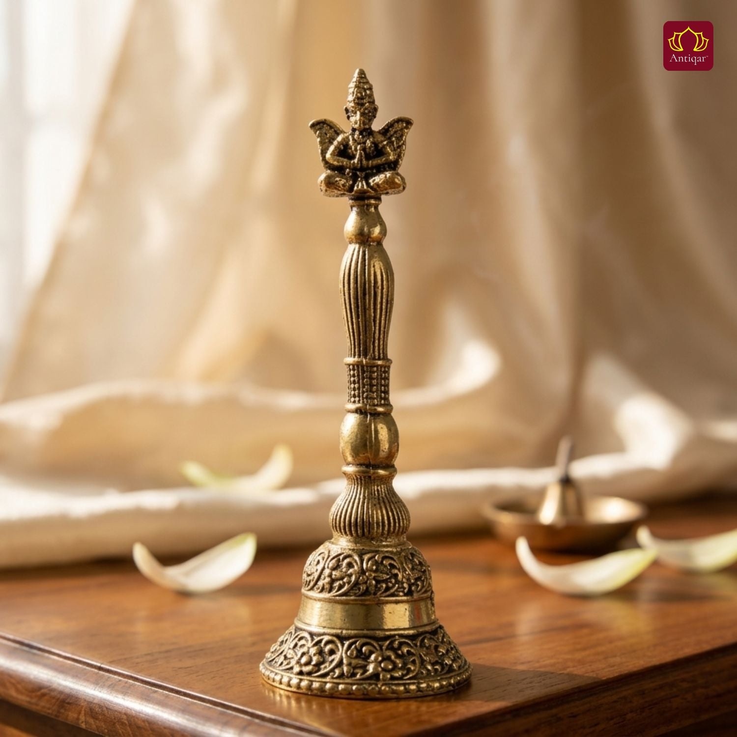 Brass Garud Ghanti - 12cm | Antique Finish | Spiritual Decor for Temple, Home & Table