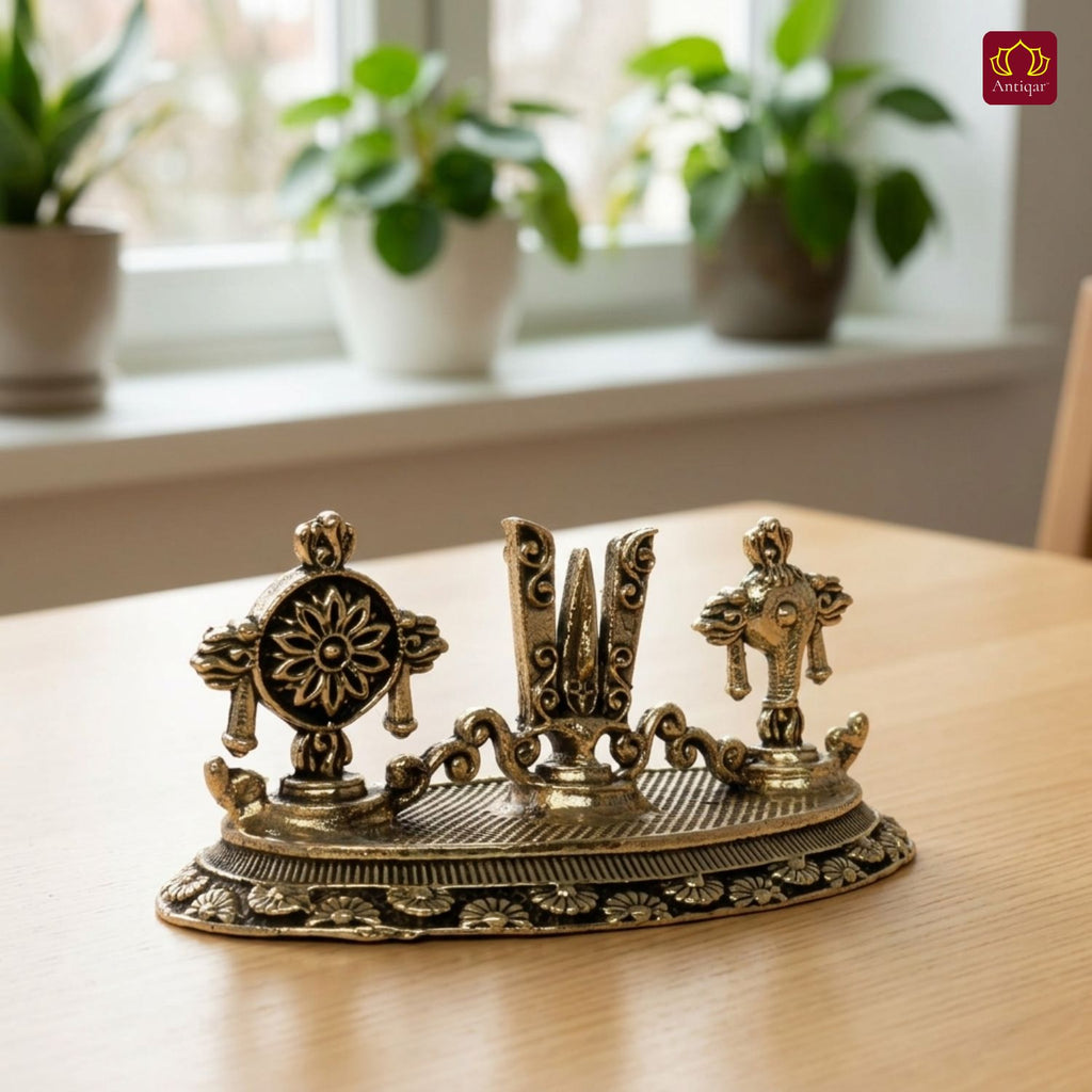 Vaishnava Symbols (Shankha , Tilak & Chakra) - 4cm| Golden Finish | Spiritual Use for Home, Temple & Car Dashboard Decor