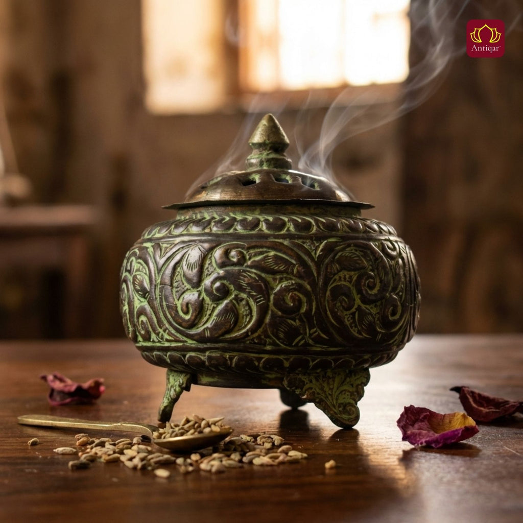 Brass Tibetan Incense Burner - 10cm | Green Patina Finish | Decorative Vessel use for Meditation , Rituals & Aromatherapy